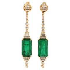 15 Cts. Long Zambian Emerald Octogen Pair Earrings in 18k Yellow Gold