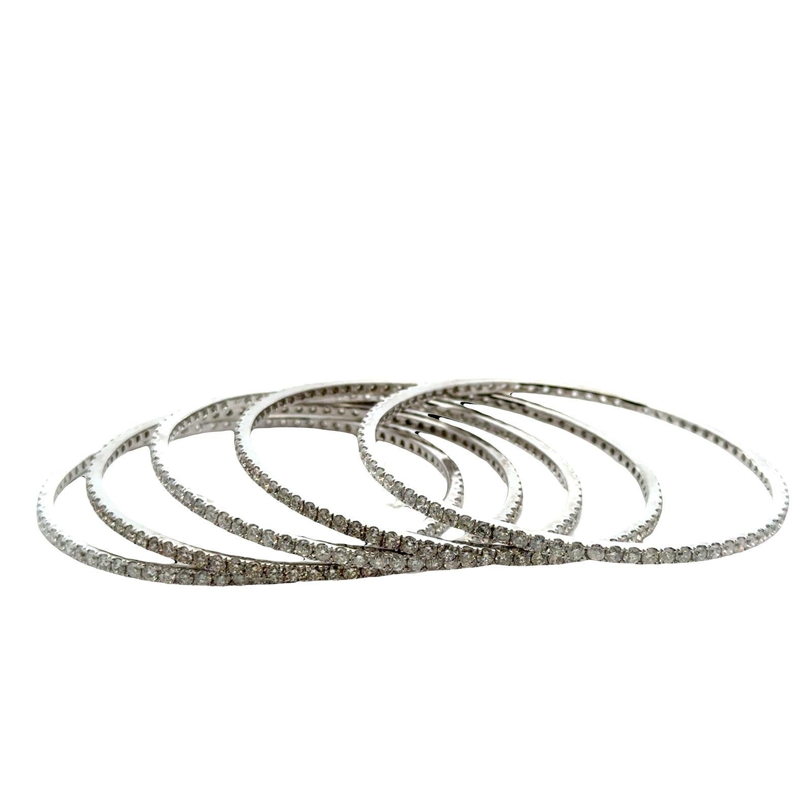 Modern 15 CTW Brilliant Diamond 14 Karat White Gold Eternity Bangle Bracelets Set of 5 For Sale
