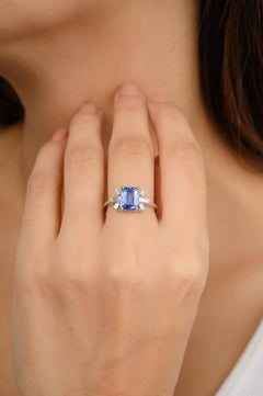 1.5 CTW Emerald Cut Blue Sapphire Diamonds Wedding Ring in 14k Solid White Gold