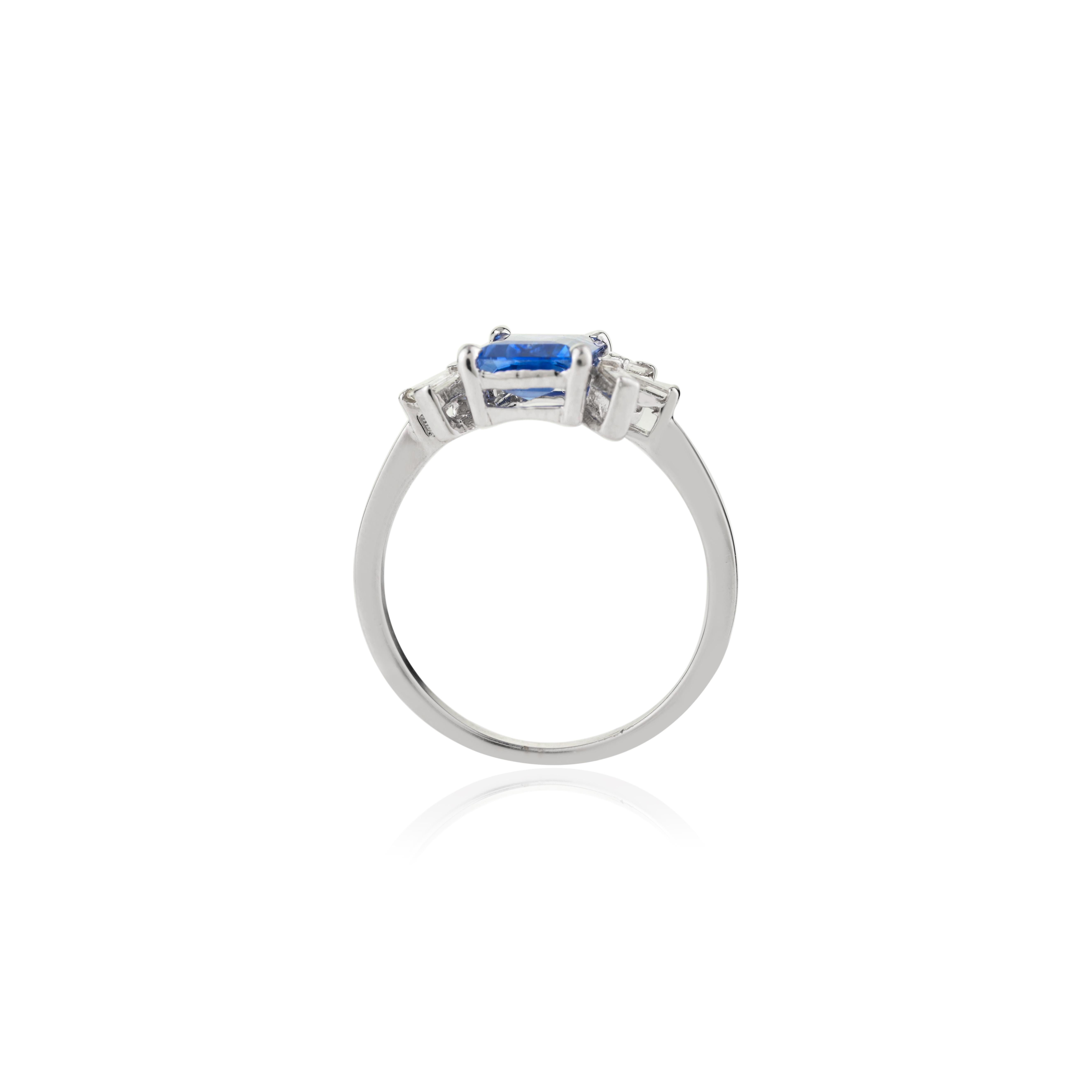 For Sale:  1.5 CTW Emerald Cut Blue Sapphire Diamonds Wedding Ring in 14k Solid White Gold 7