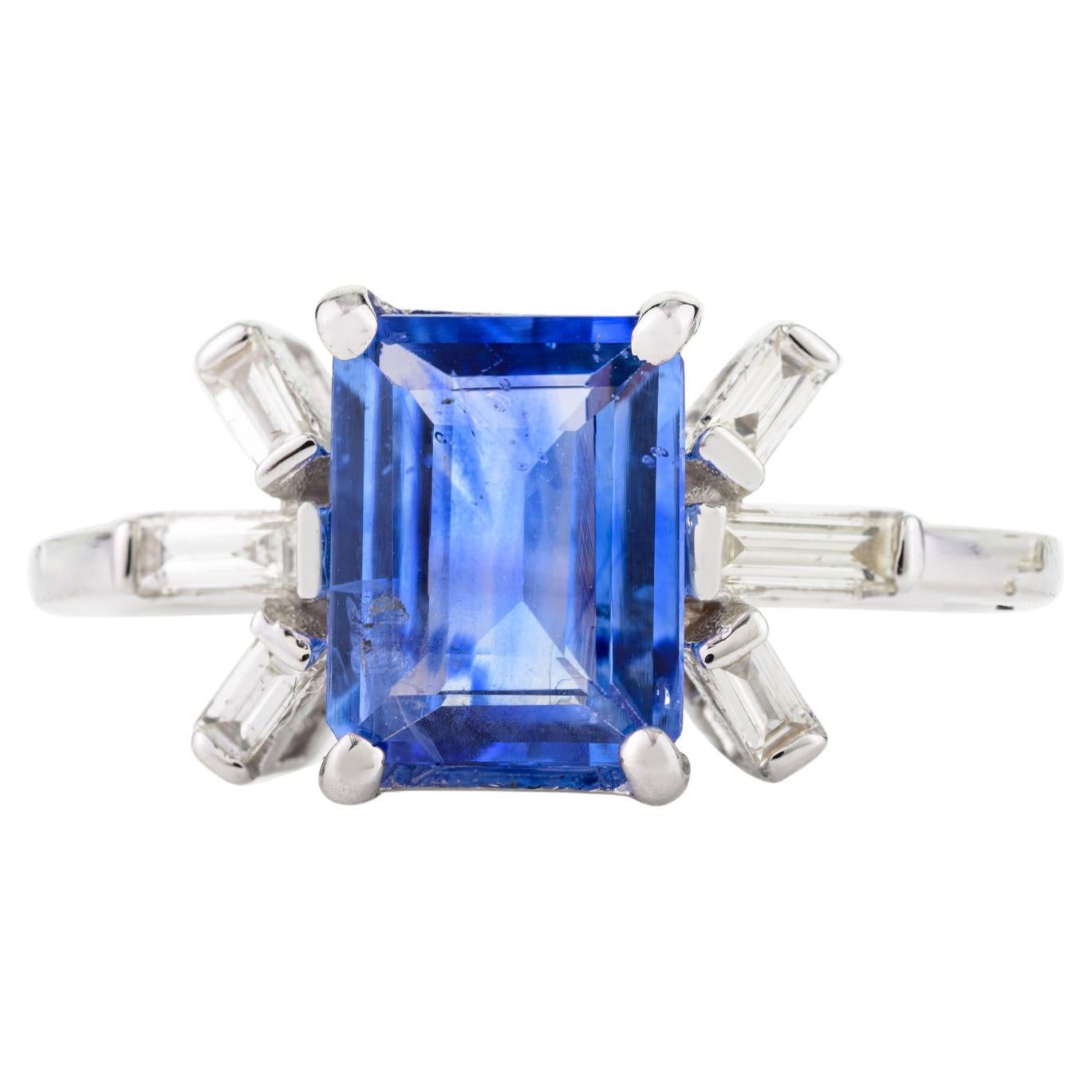 1.5 CTW Emerald Cut Blue Sapphire Diamonds Wedding Ring in 14k Solid White Gold