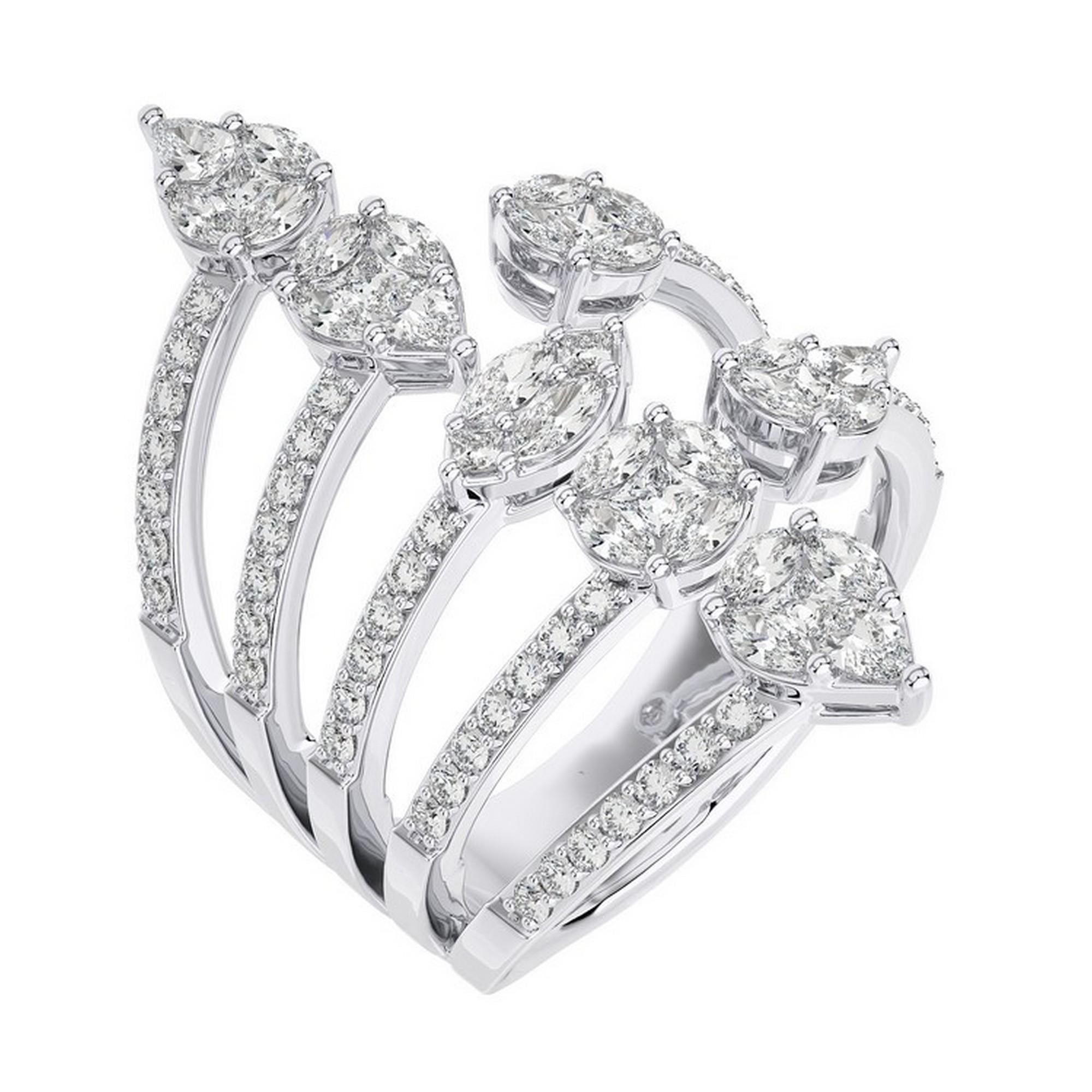 This exquisite ring from the Gazebo Collection is a testament to authentic style and luxury. It features a total carat weight (CTW) of 1.5 carats, combining the brilliance of marquise and princess cut diamonds. The marquise cut diamonds, known for