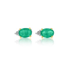 1.5 CTW Oval Cut Emerald Stud Earrings & Diamond Tops in 14K Gold