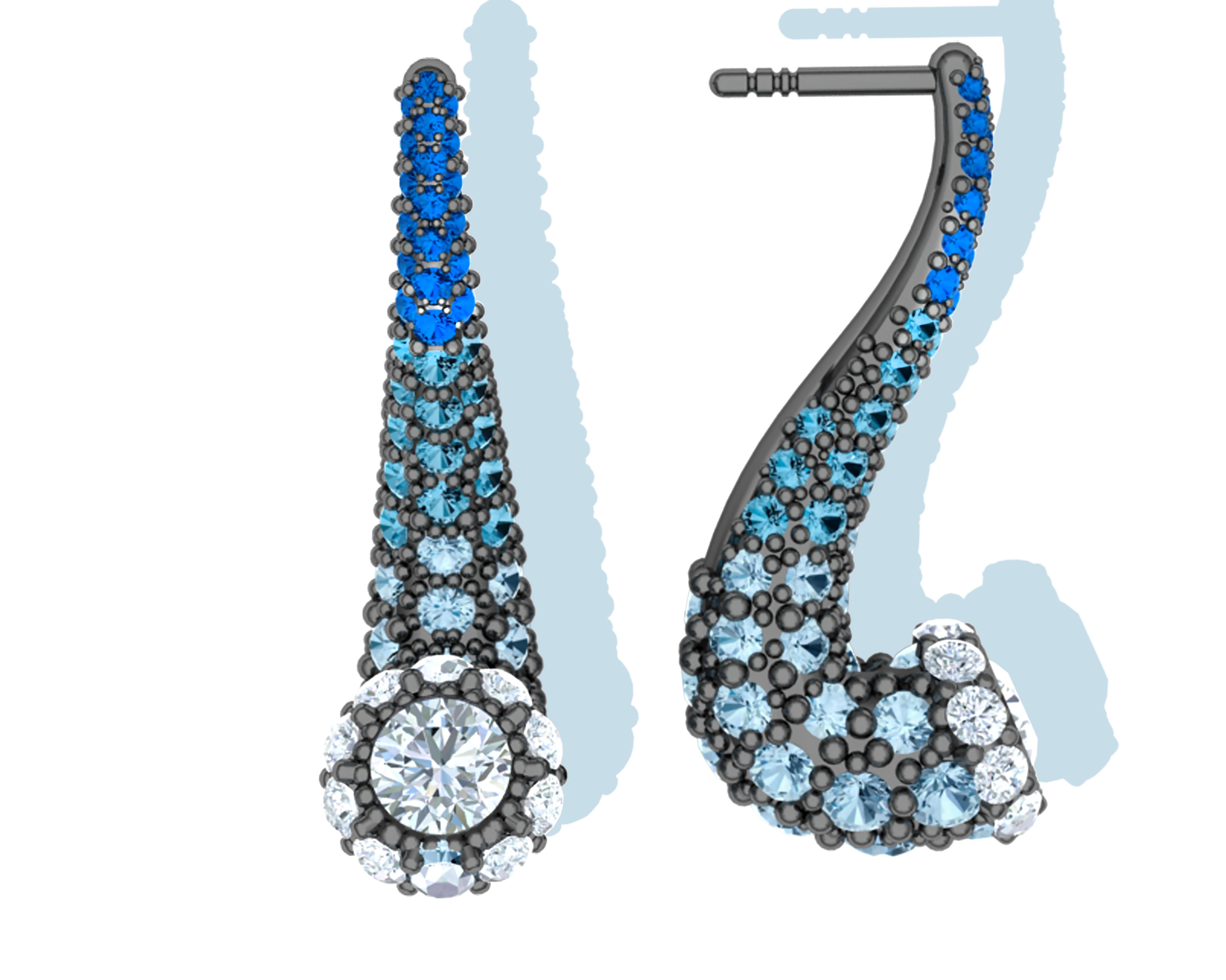 Modern 1.5 CTW. Sapphire and Diamond Hombre Earrings For Sale
