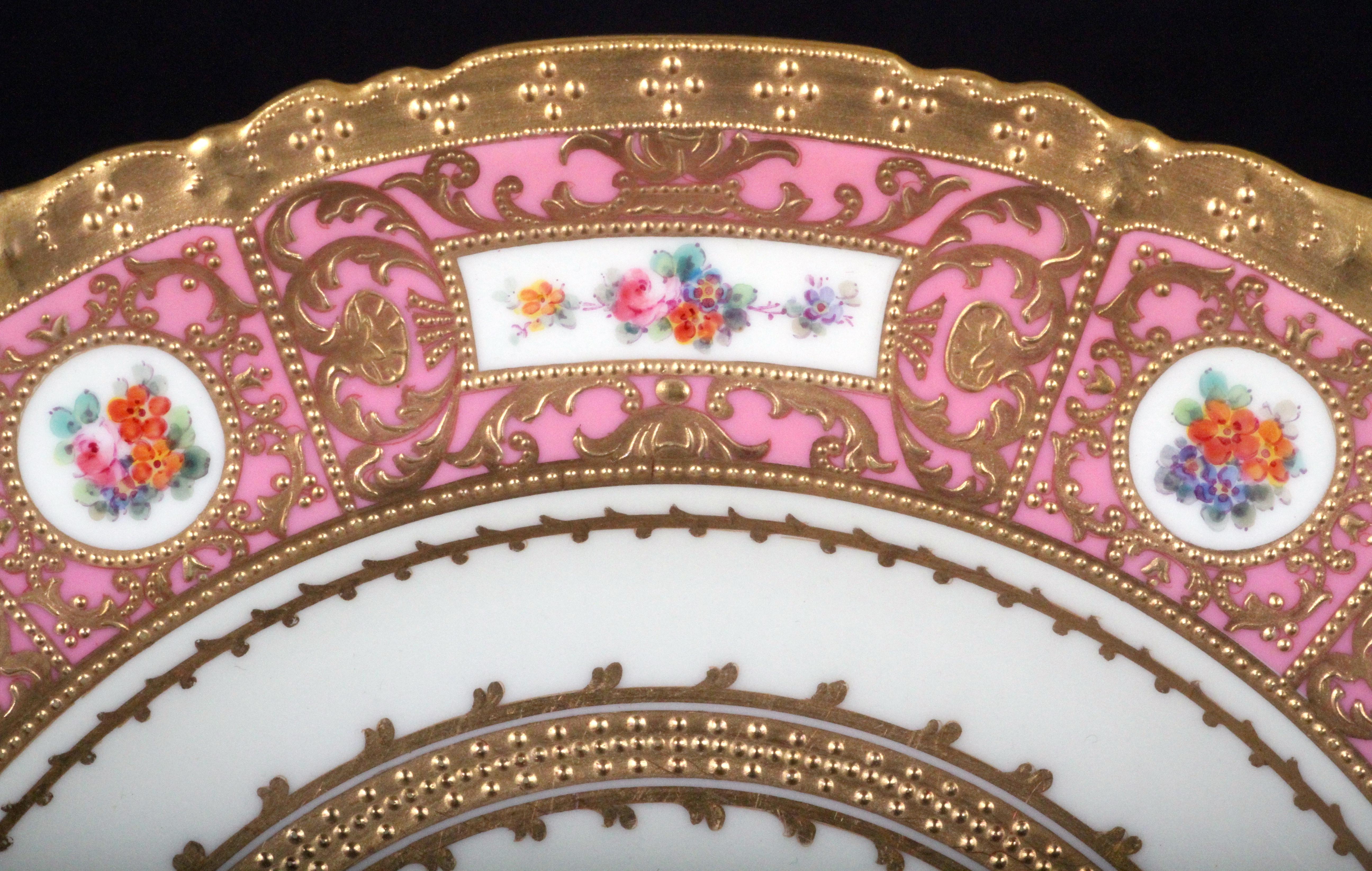 Hand-Painted 15 Derby for Tiffany Hand Painted and Gilded Pink Service Plates For Sale