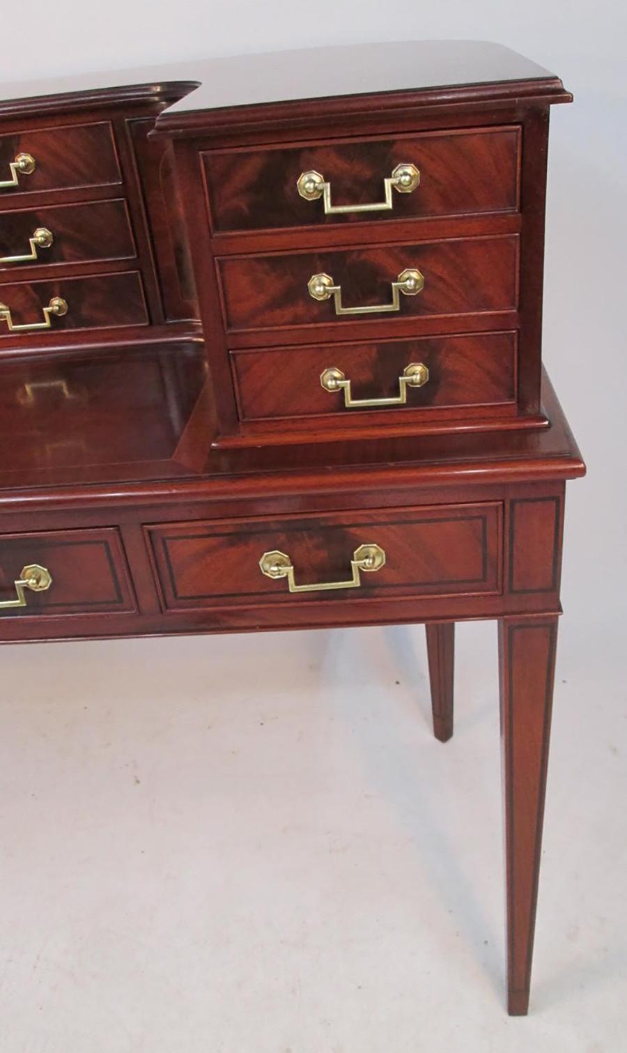 15 Drawer Mahogany Carlton House Desk with Solid Brass Pulls In Good Condition For Sale In Milford, NH