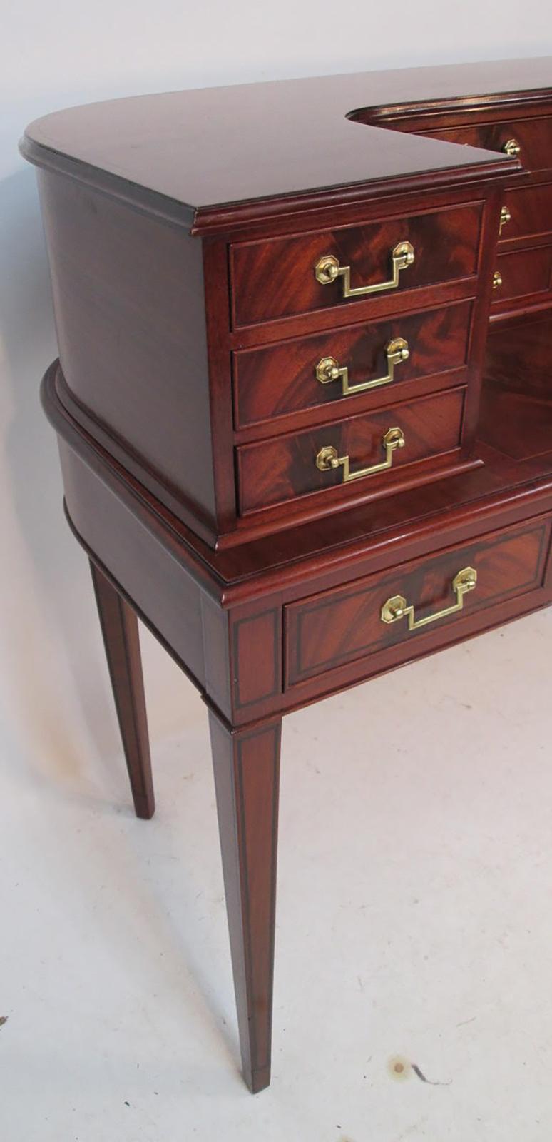 20th Century 15 Drawer Mahogany Carlton House Desk with Solid Brass Pulls For Sale