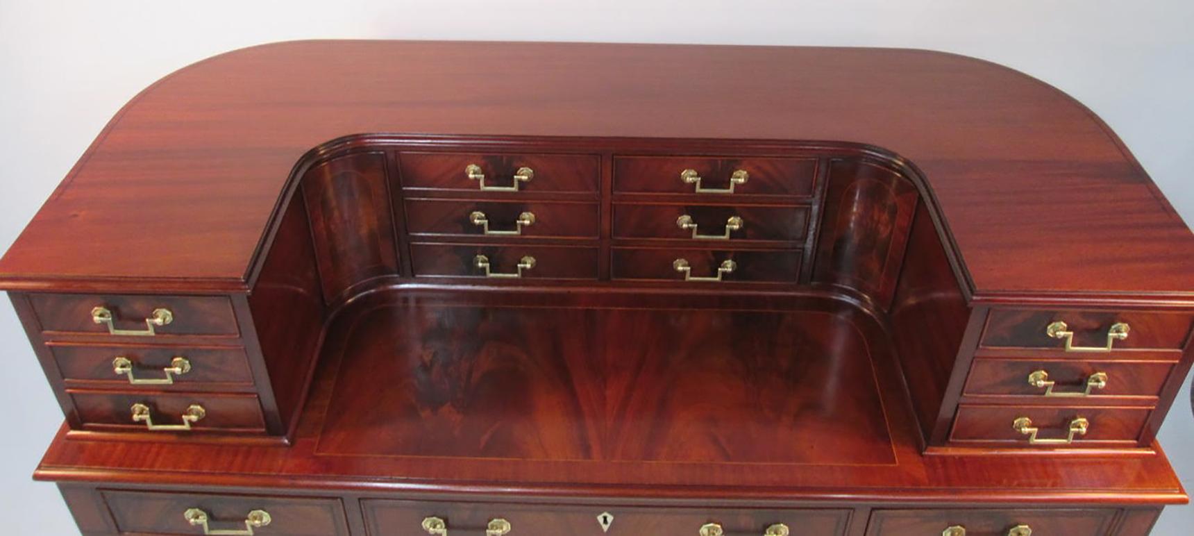 15 Drawer Mahogany Carlton House Desk with Solid Brass Pulls For Sale 1