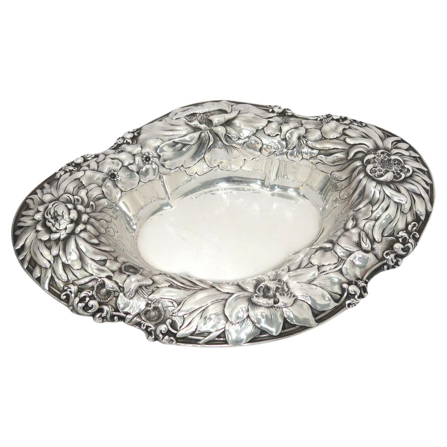 Antique Silver Oval Serving Bowl with Peacock Handles For Sale at