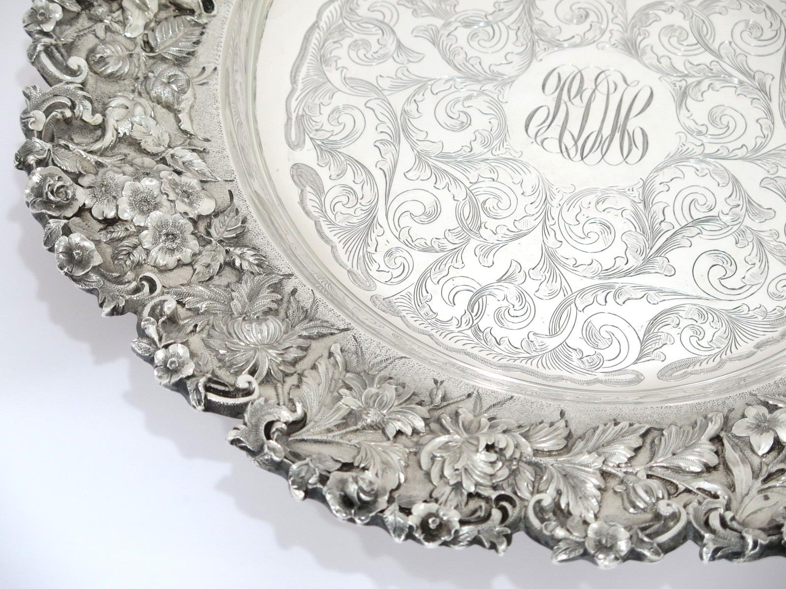 Sterling Silver S. Kirk & Son Antique Floral Repousse Serving Plate In Excellent Condition For Sale In Brooklyn, NY