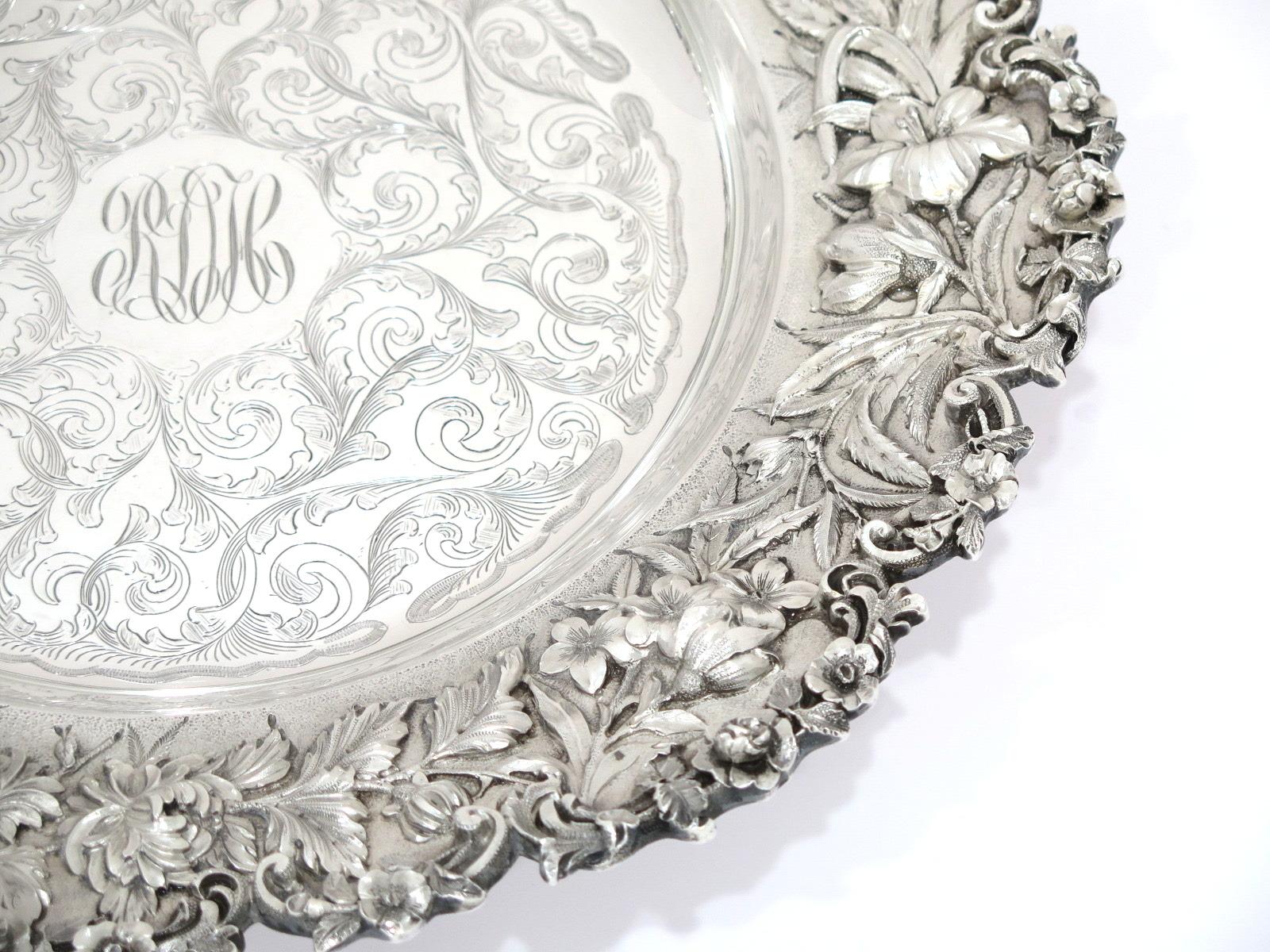 20th Century Sterling Silver S. Kirk & Son Antique Floral Repousse Serving Plate For Sale