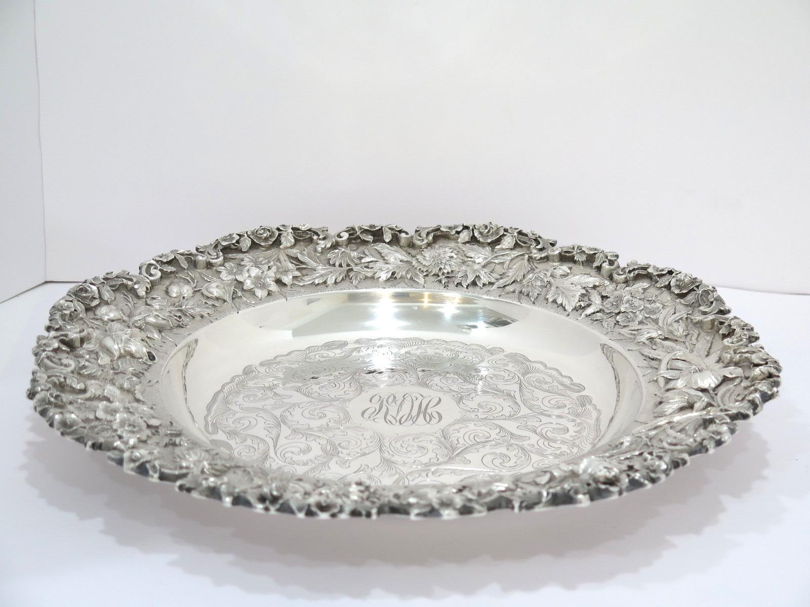 Sterling Silver S. Kirk & Son Antique Floral Repousse Serving Plate For Sale 1