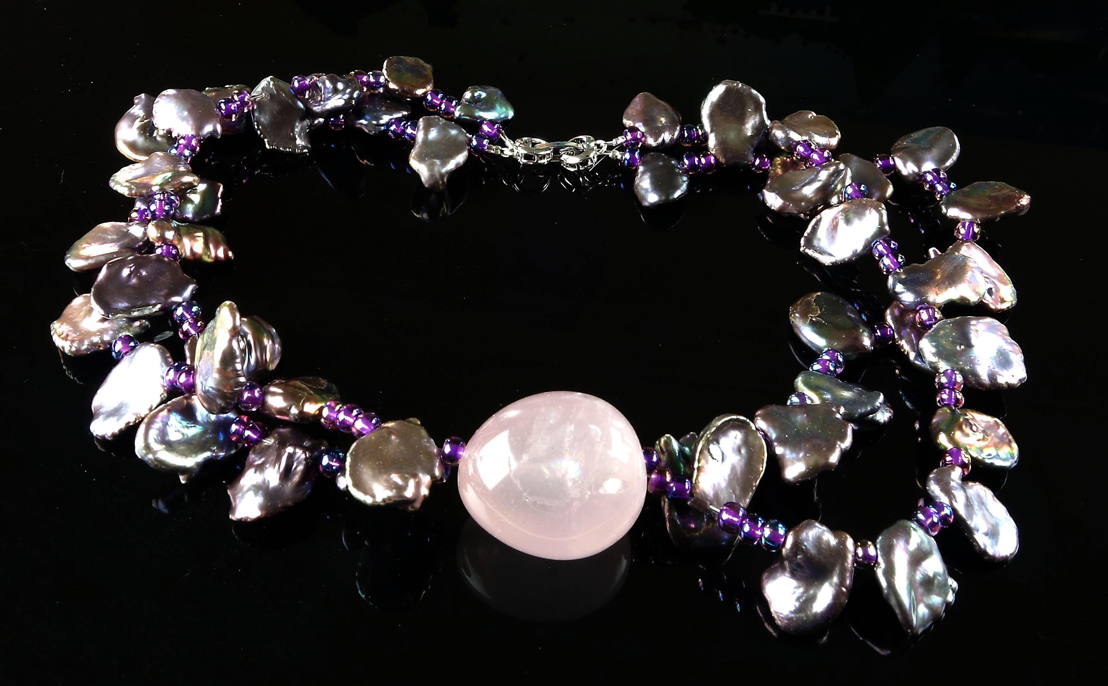 Artisan Choker of Two Strands of Peacock Keshi Pearls with Rose Quartz Focal