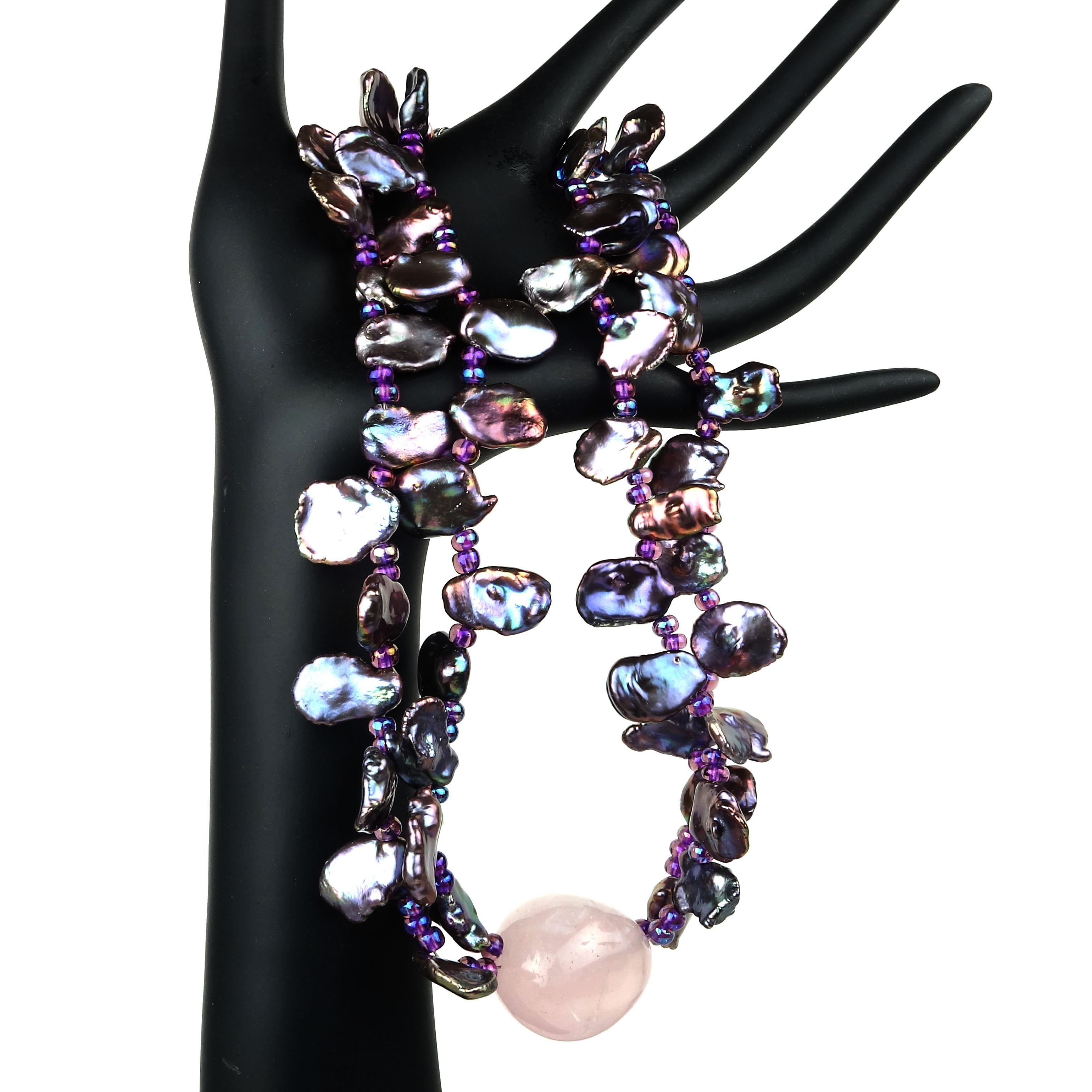 Choker of Two Strands of Peacock Keshi Pearls with Rose Quartz Focal In New Condition In Raleigh, NC