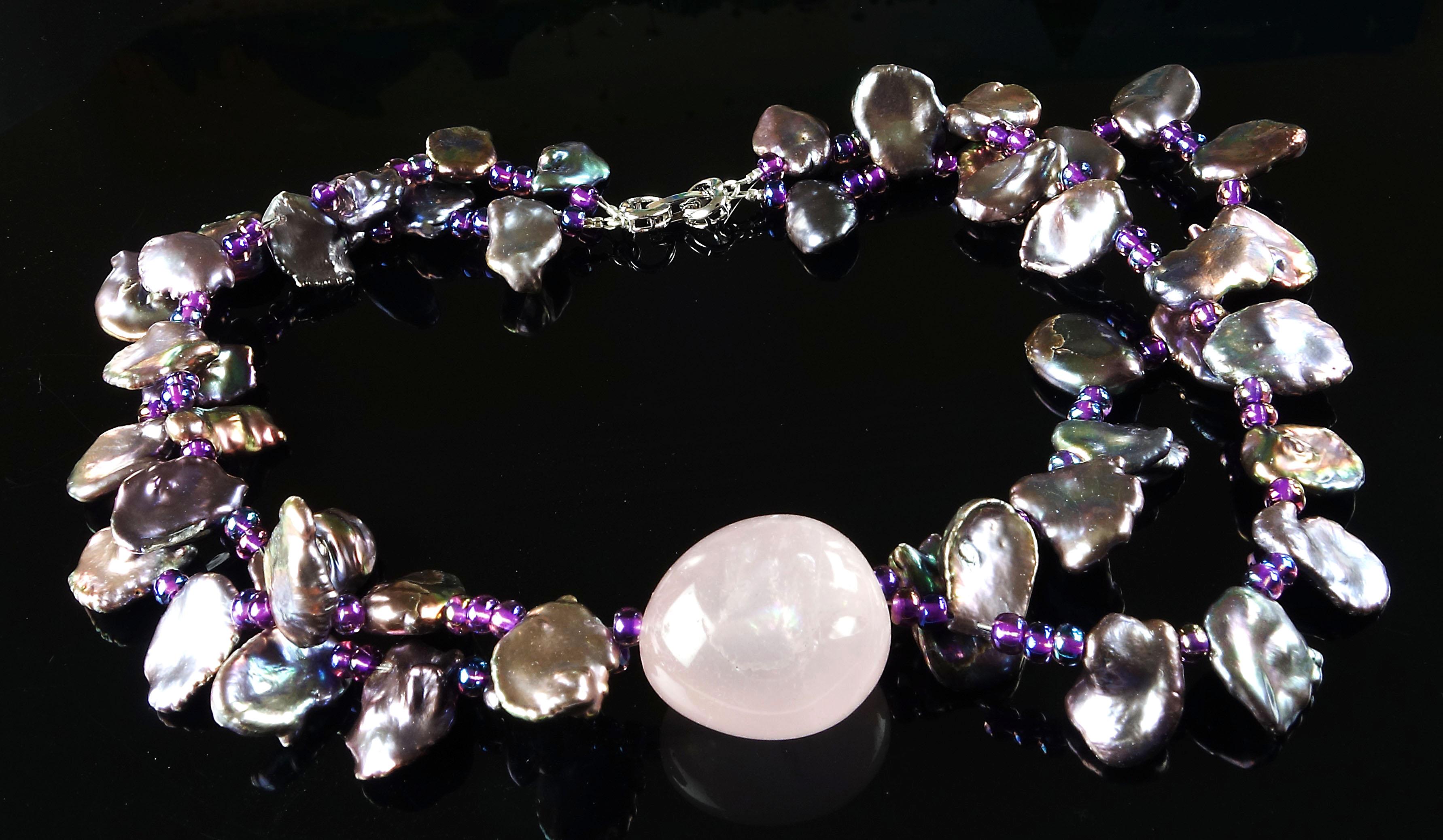 Women's or Men's Choker of Two Strands of Peacock Keshi Pearls with Rose Quartz Focal
