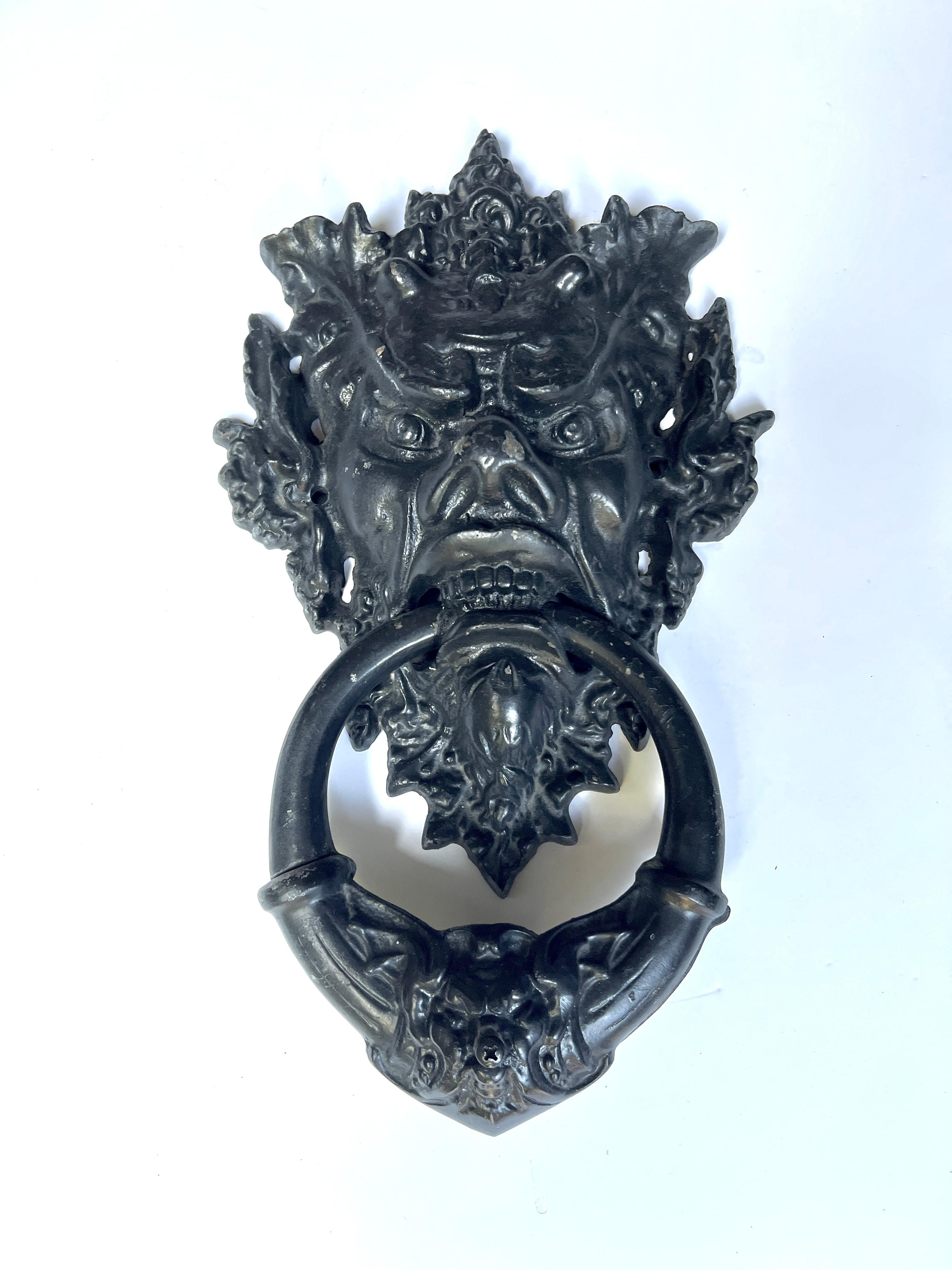 Gothic 15 Inch English Patinated Iron Gargoyle Door Knocker For Sale