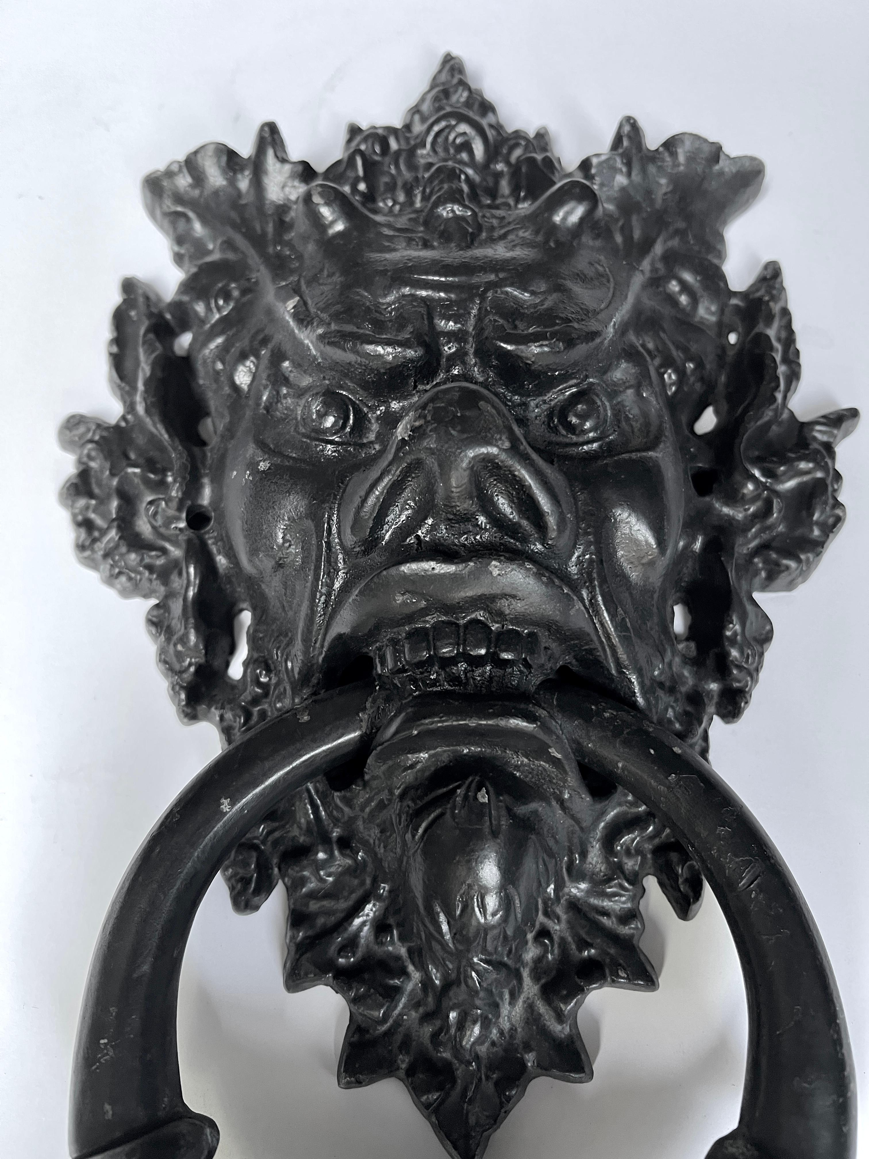 Hand-Crafted 15 Inch English Patinated Iron Gargoyle Door Knocker For Sale