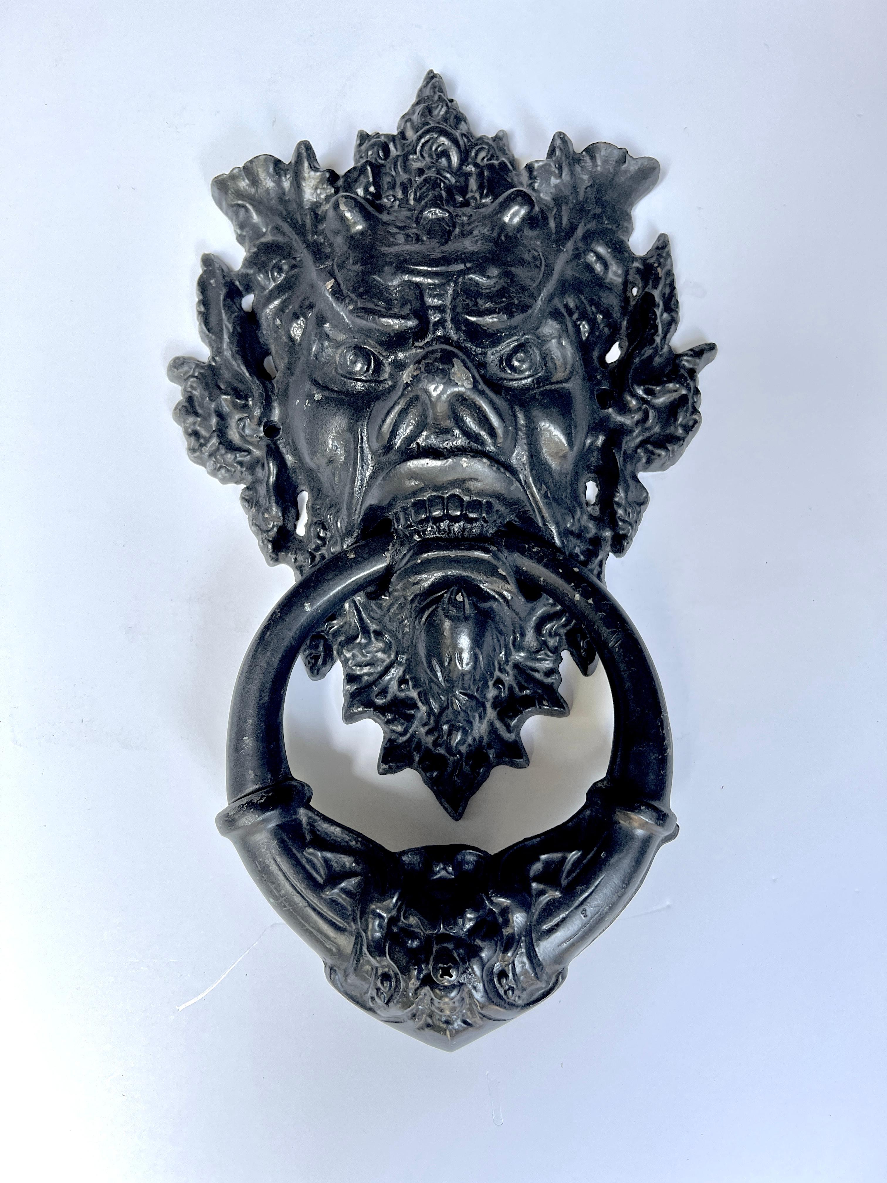 19th Century 15 Inch English Patinated Iron Gargoyle Door Knocker For Sale