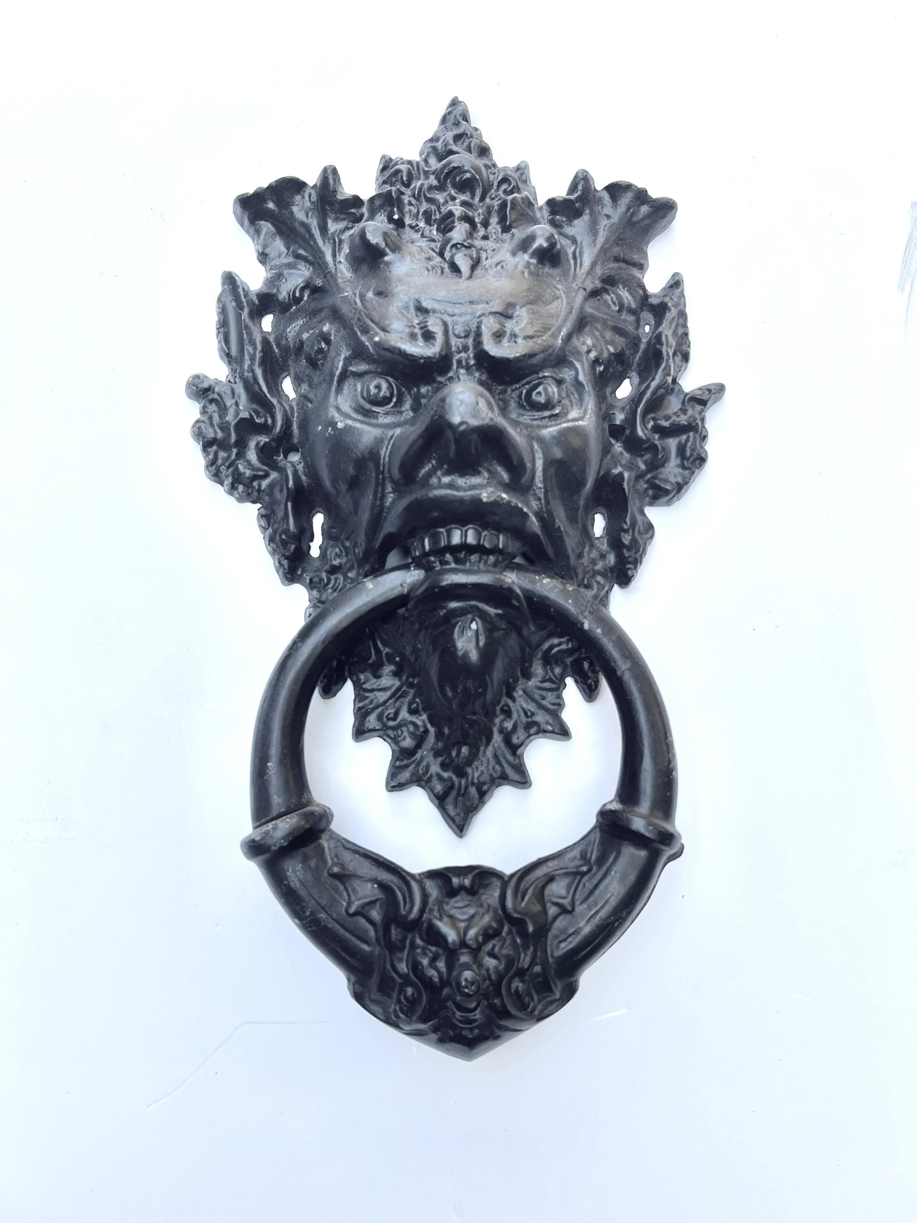 15 Inch English Patinated Iron Gargoyle Door Knocker For Sale 1