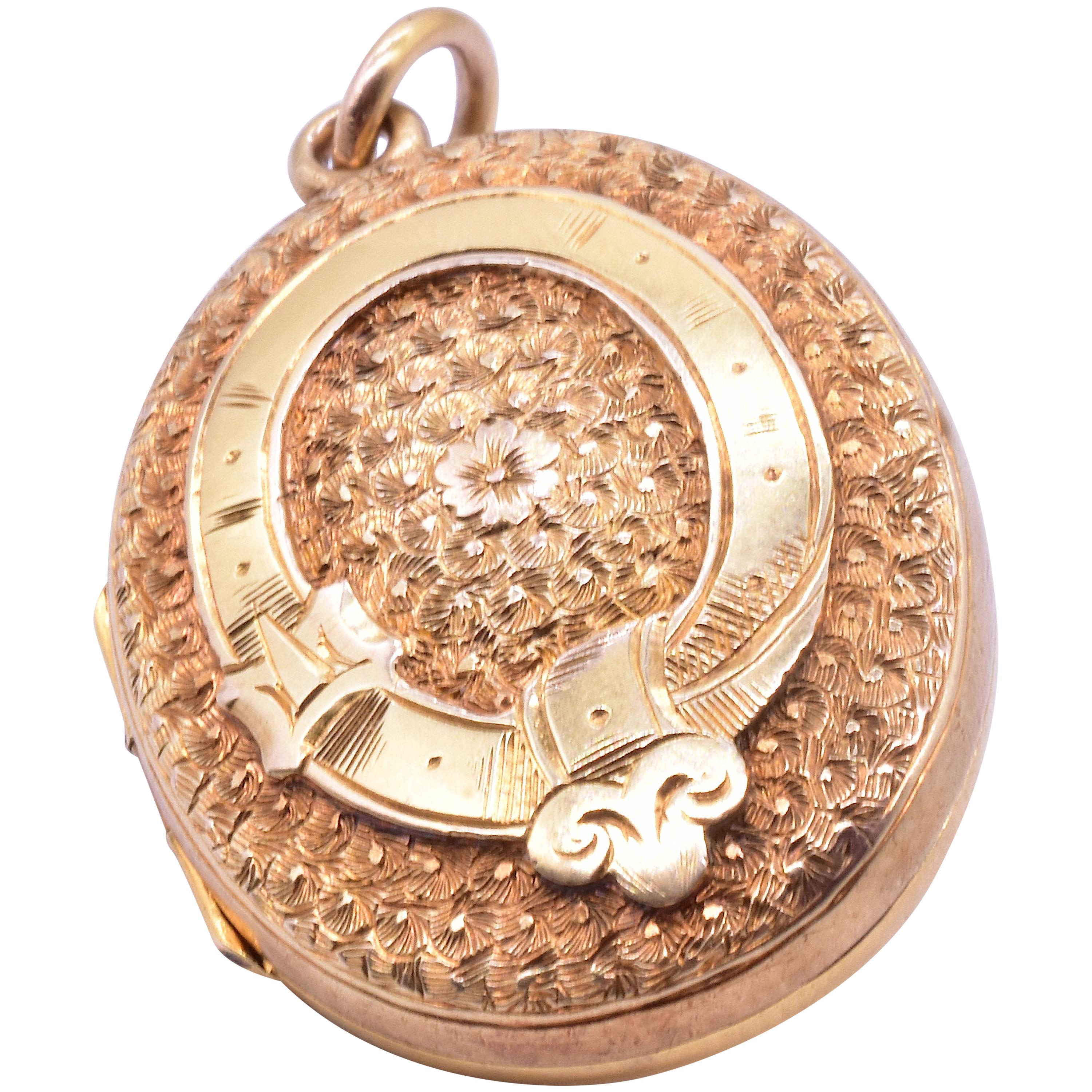 15 Karat Chased "Belt & Buckle" Motif Antique Locket, circa 1880 For Sale