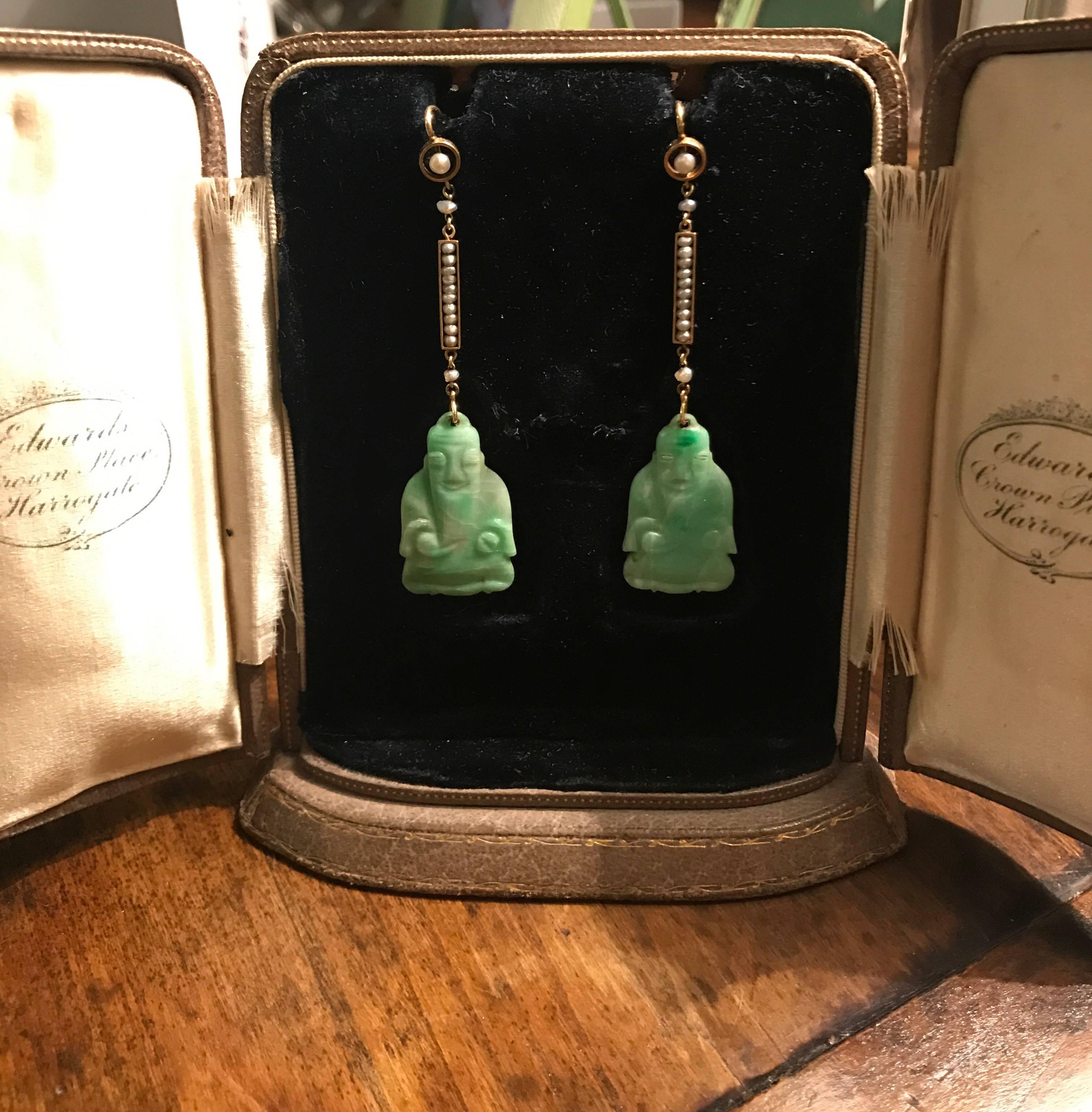 Art Deco  Natural Jade and Pearl Earrings In Excellent Condition In Oxford, GB