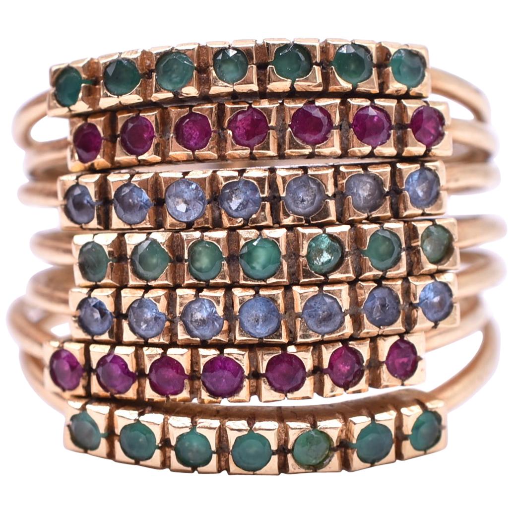 15 Karat Gold Emerald, Diamond and Sapphire Harem Ring