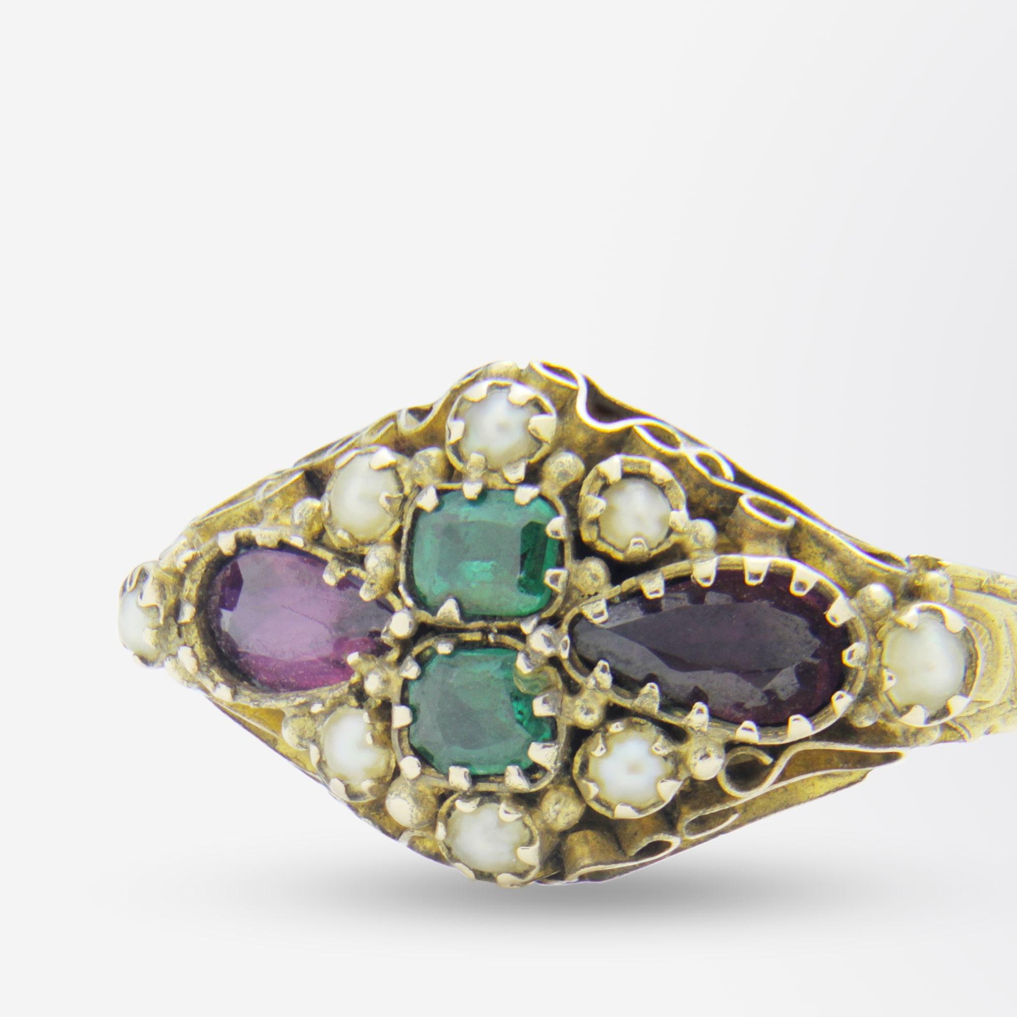 Late Victorian 15 Karat Gold, Garnet, Green Paste and Seed Pearl Ring For Sale