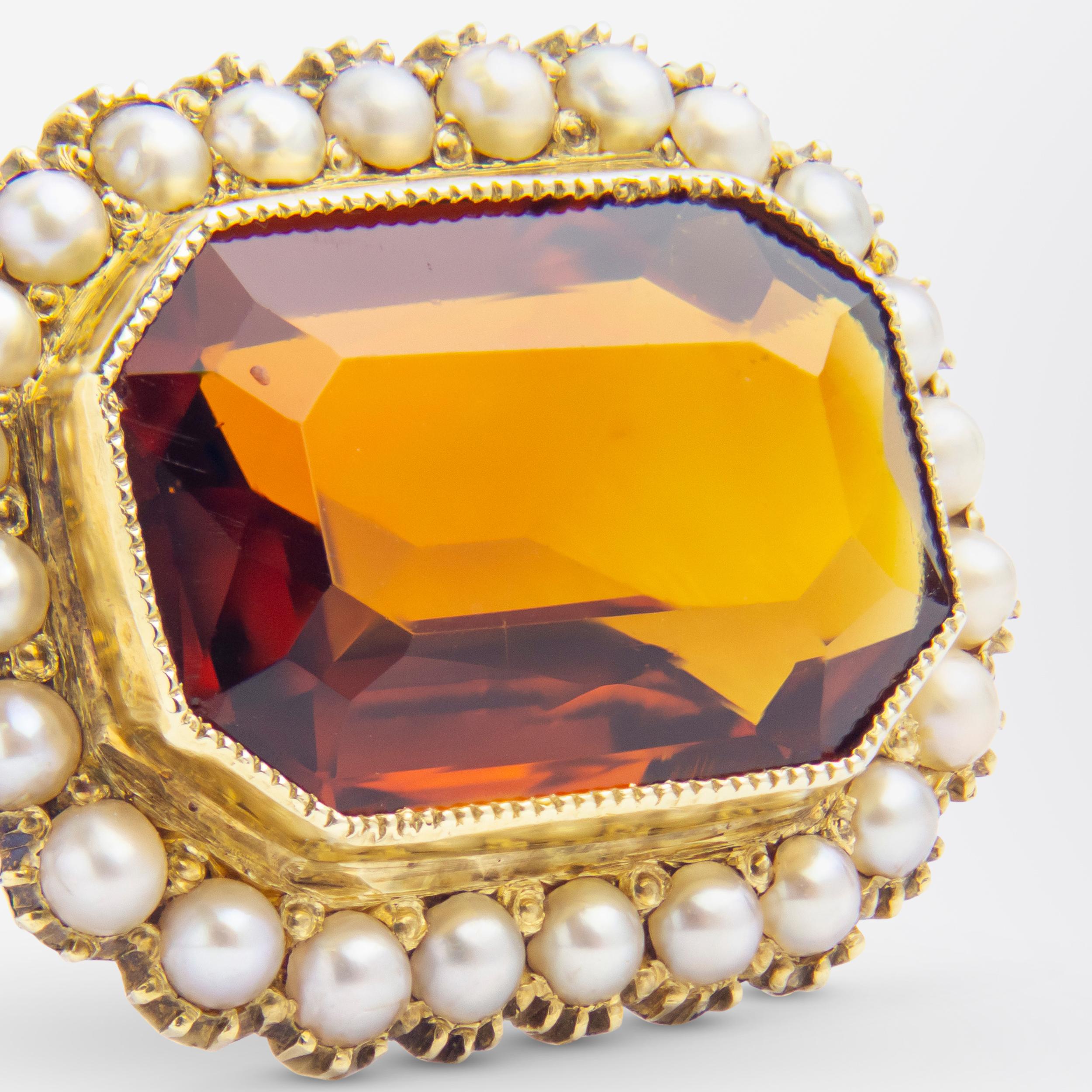 Victorian 15 Karat Gold, Madeira Citrine & Seed Pearl Brooch