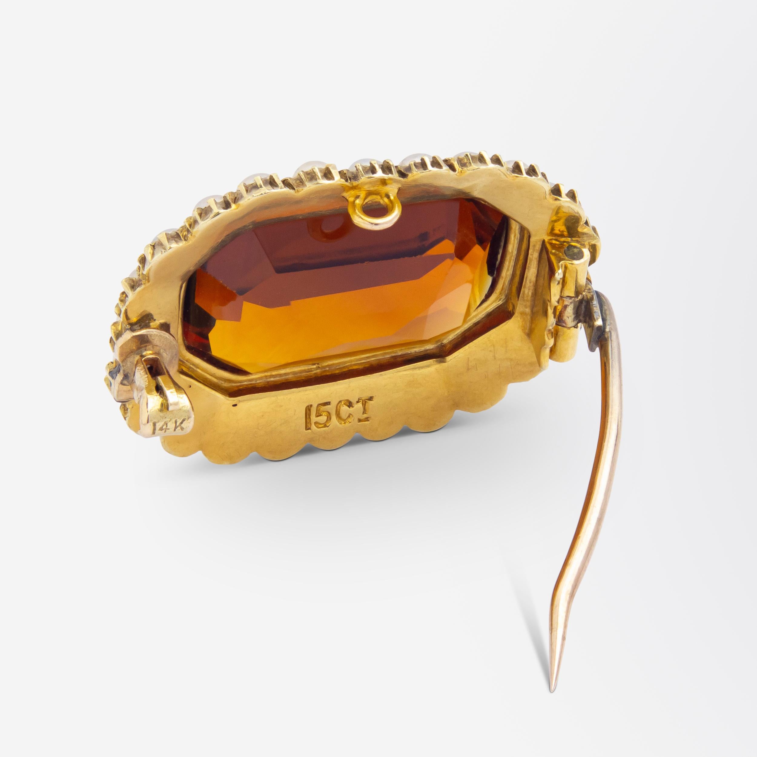 Octagon Cut 15 Karat Gold, Madeira Citrine & Seed Pearl Brooch