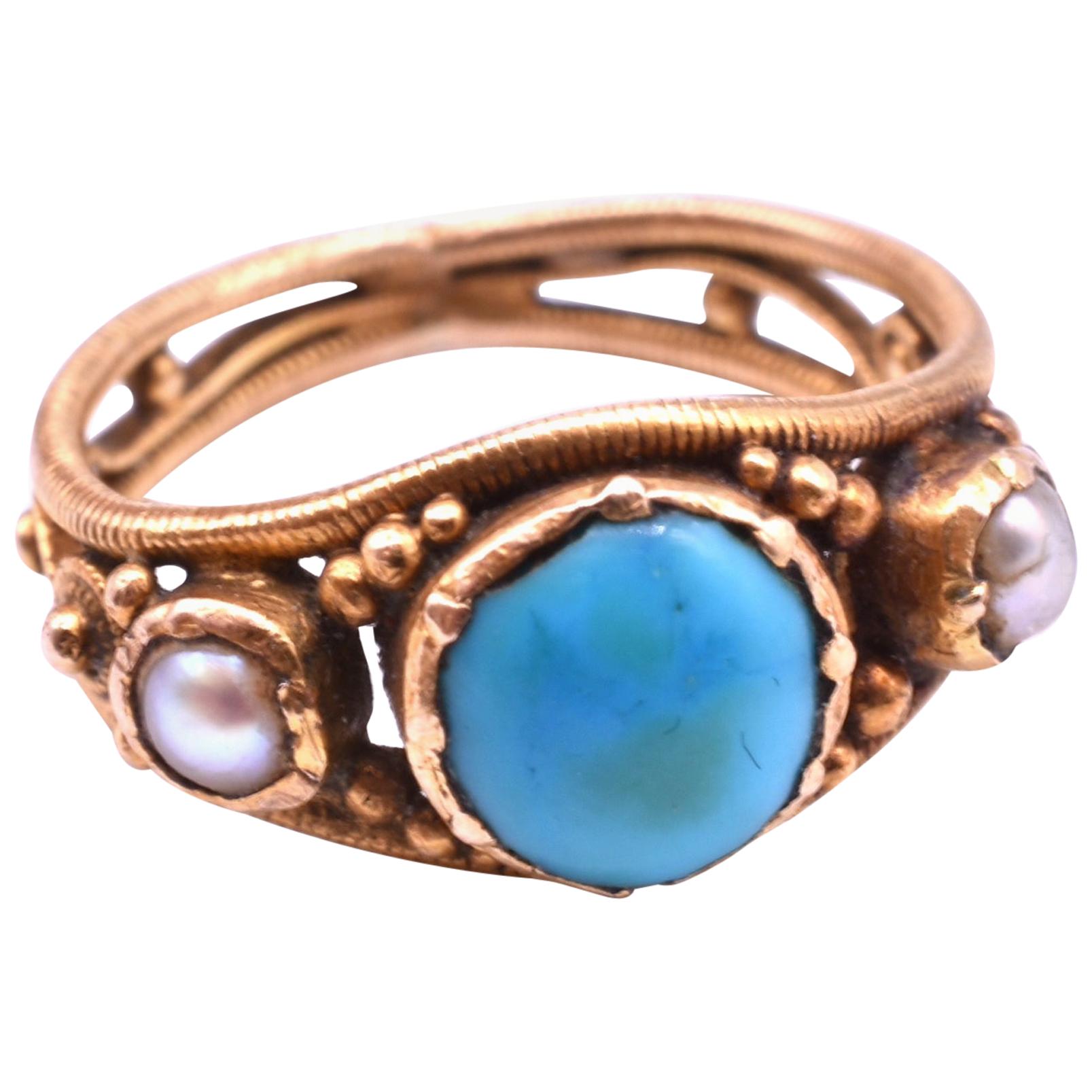 15 Karat Turquoise and Pearl Baby Ring, circa 1860 For Sale