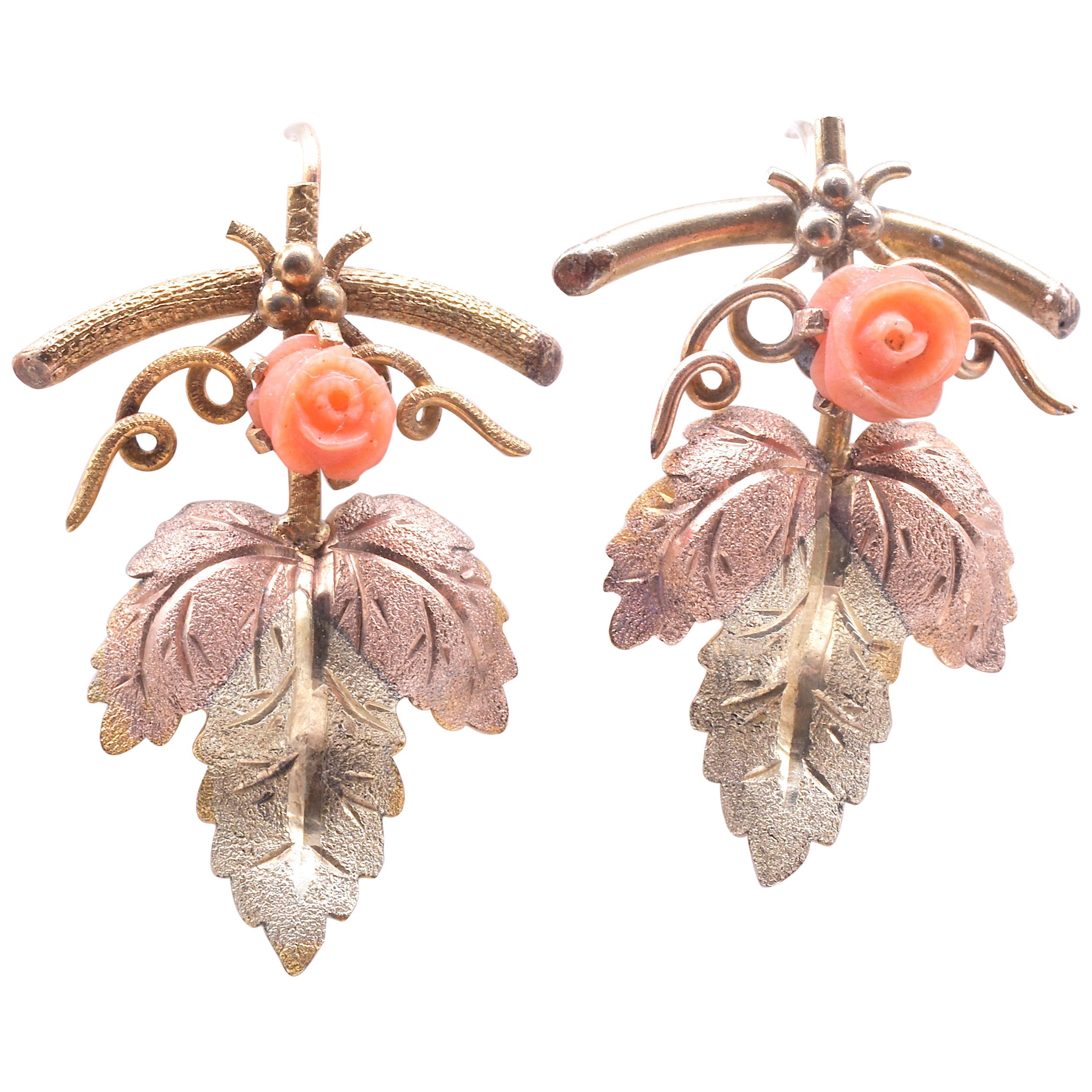 15 Karat Two Color Gold Coral Leaf Form Earrings, circa 1900