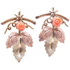 Antique 15 Karat Two Color Gold Coral Leaf Form Earrings, circa 1900