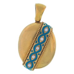 15 Karat Yellow Gold and Blue Enamel and Pearl Locket