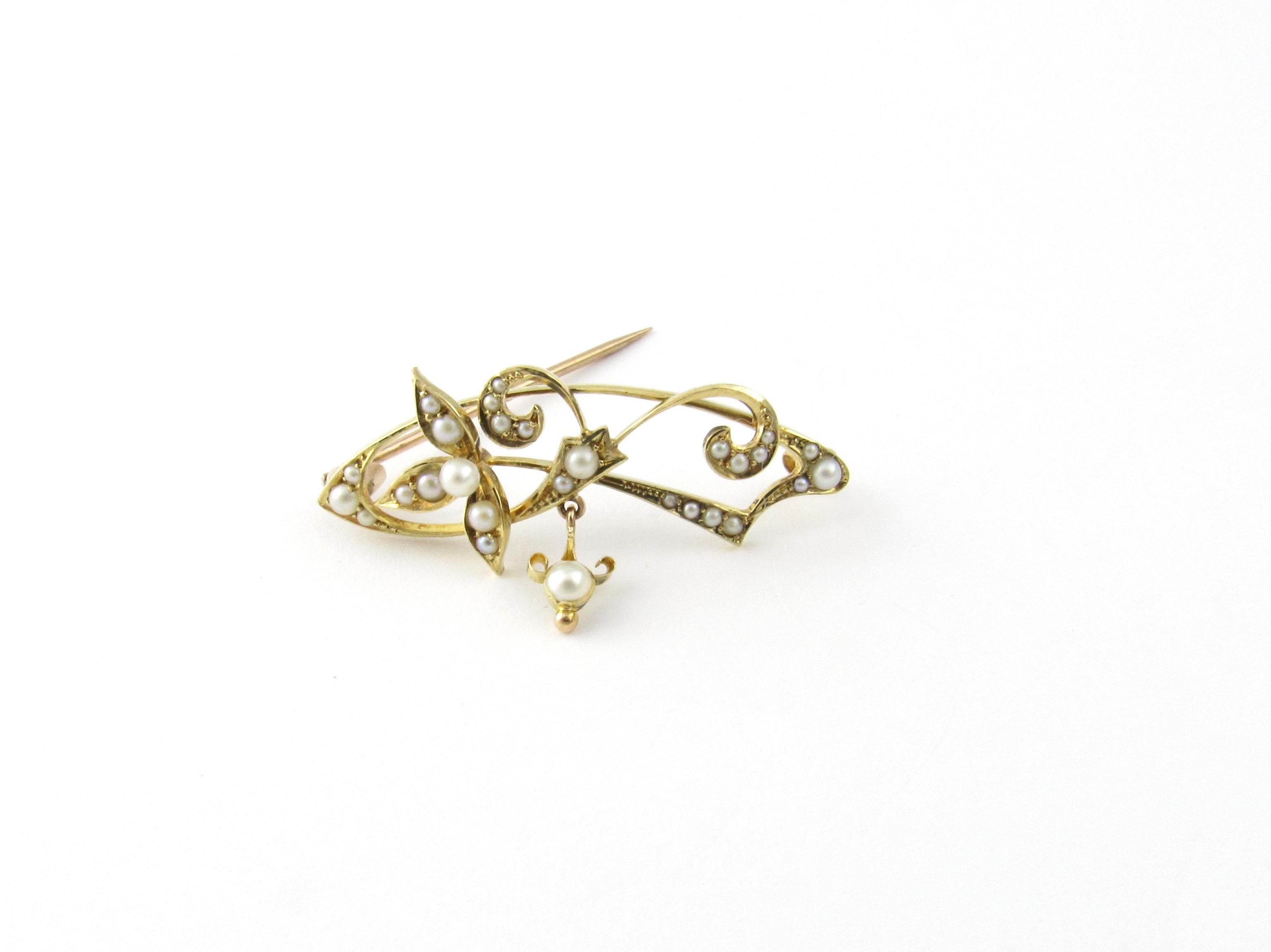 Round Cut 15 Karat Yellow Gold and Seed Pearl Brooch