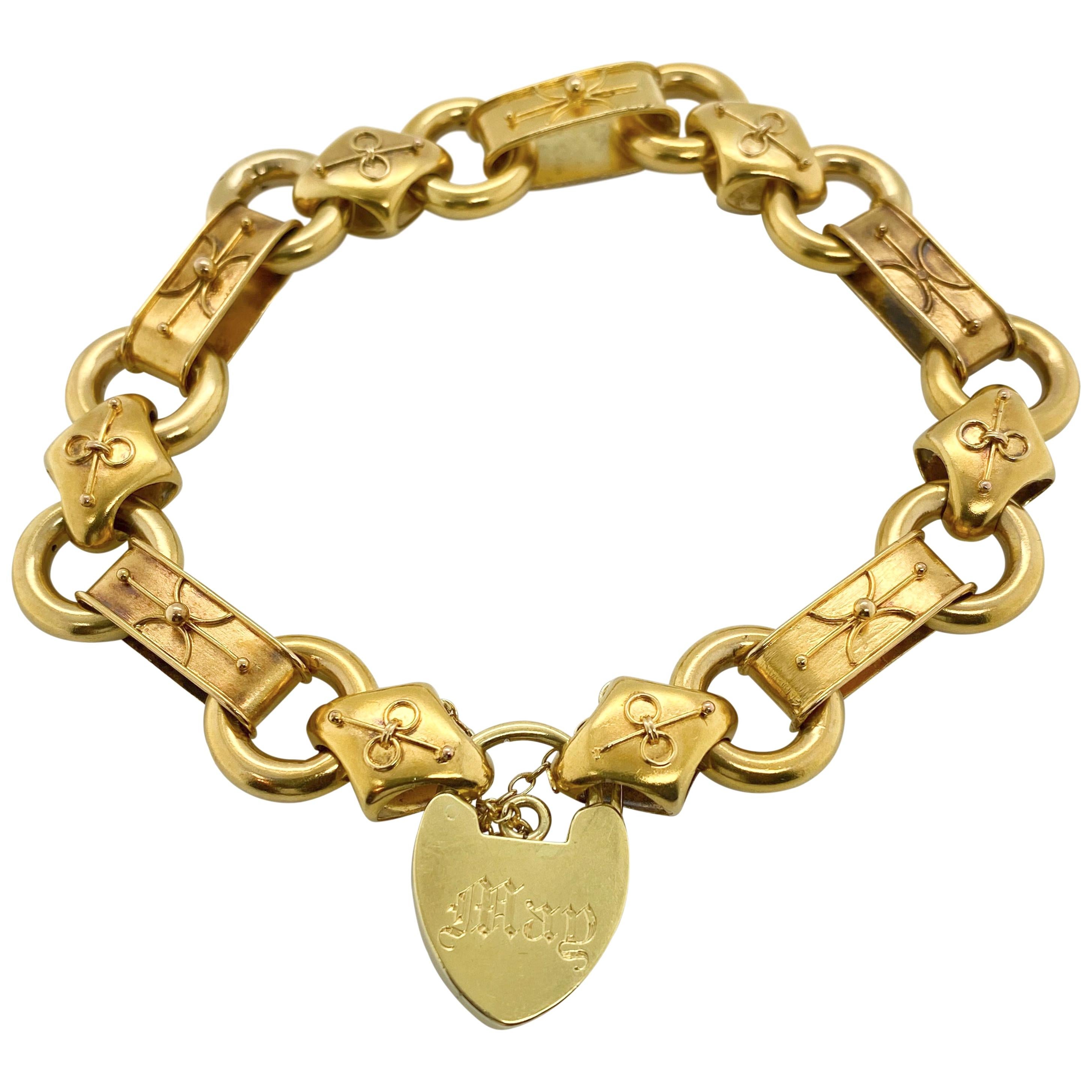 15 Karat Yellow Gold Antique Heart Padlock Bracelet