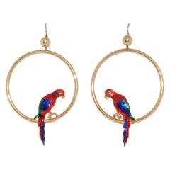 15 Karat Yellow Gold Enamel Parrot Hoop Earrings, circa 1920s