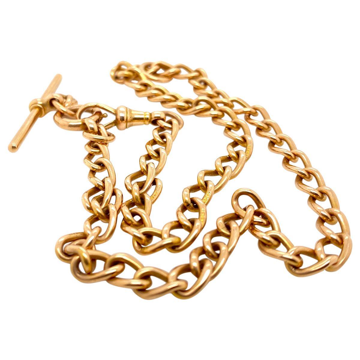 A must for every jewellery collection, the classic fob chain. This one is an original bearing all the hallmarks of an early English piece in 15 karat gold, which is indeed rare. 15 karat gold was discontinued in England in 1932 so this piece dates