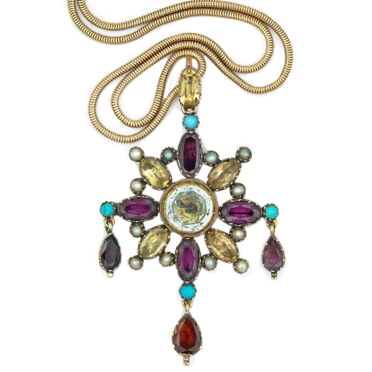 Georgian 15 Karat Yellow Gold, Garnet, Aquamarine, Imperial Topaz, Natural Pearl, Turquoise Pendant c.1820
**Chain not included