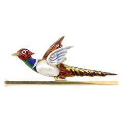 15 Kt Yellow Gold, Pearl and Multicolored Enamel Pheasant Tie Pin