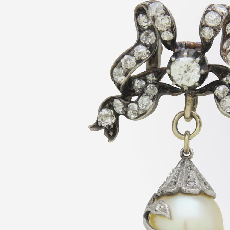 Old Mine Cut 15 Karat Yellow Gold, Silver, Natural Pearl, and Diamond Brooch Pendant For Sale