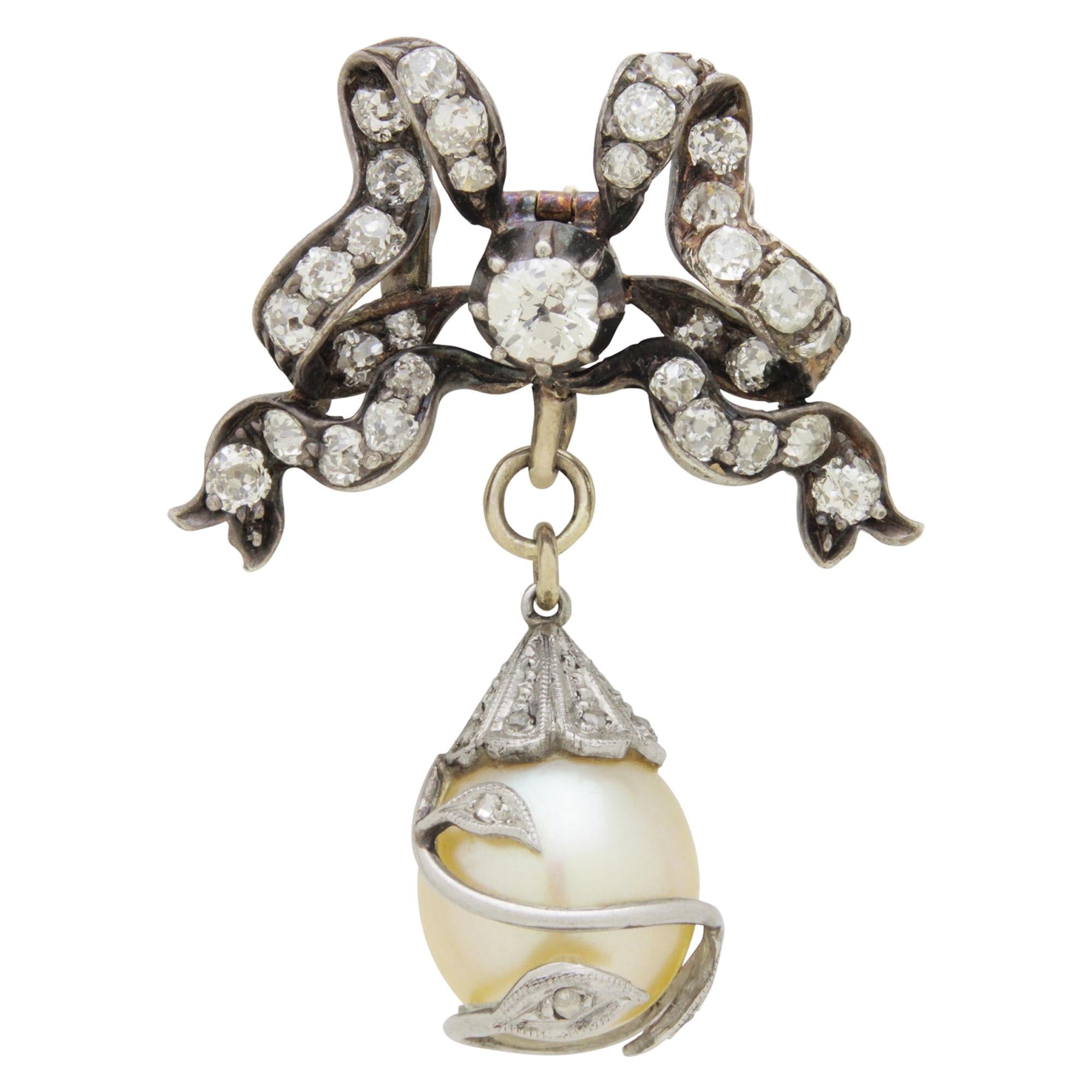 15 Karat Yellow Gold, Silver, Natural Pearl, and Diamond Brooch Pendant For Sale