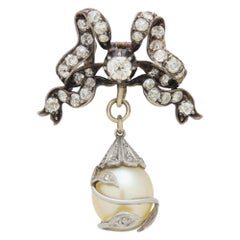 Pendentif broche en or jaune 15 carats, argent, perle naturelle et diamants