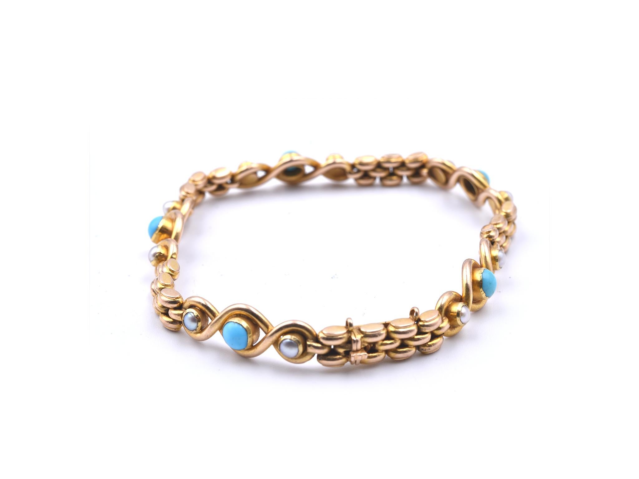 15 Karat Yellow Gold Turquoise and Pearl Bracelet In Excellent Condition In Scottsdale, AZ