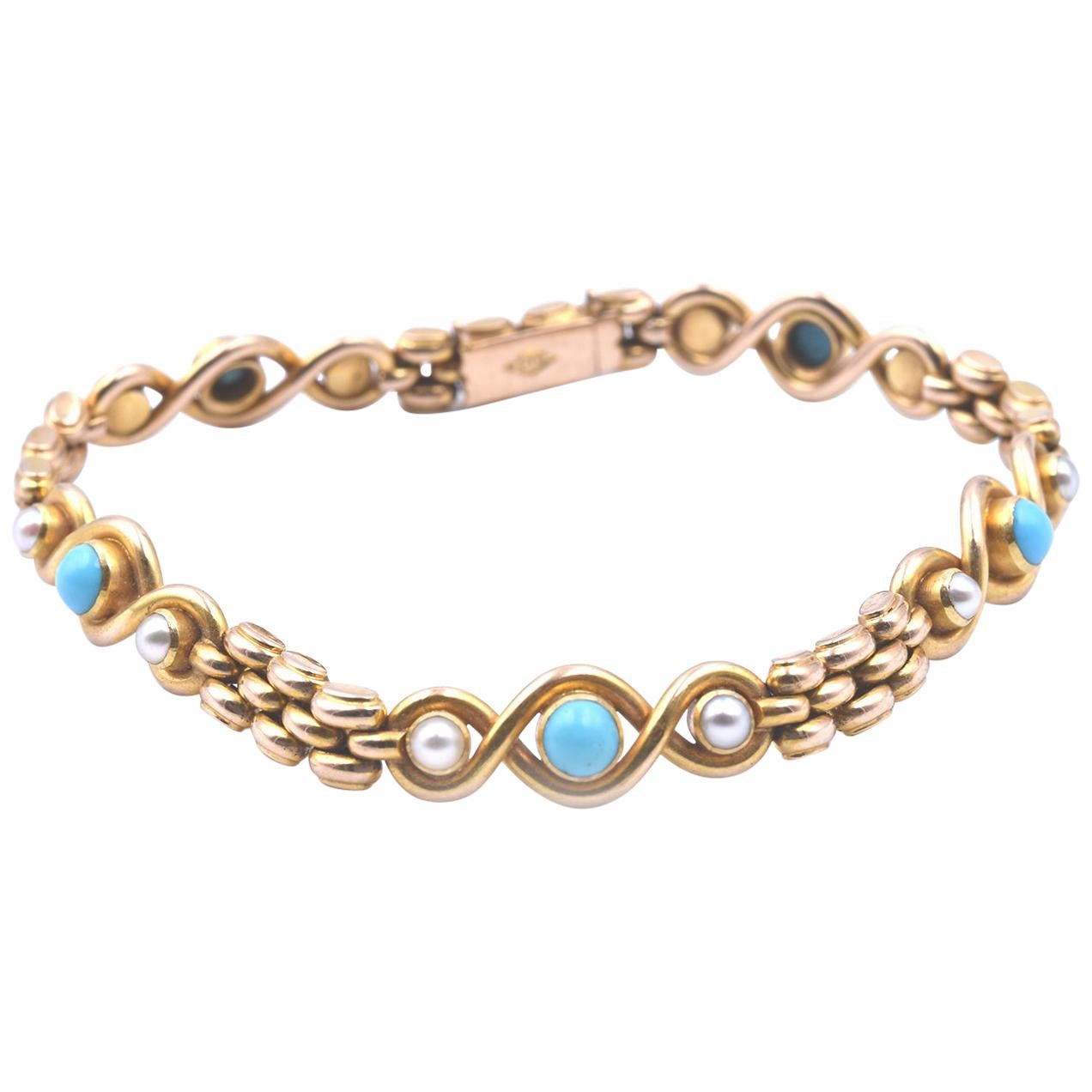 15 Karat Yellow Gold Turquoise and Pearl Bracelet