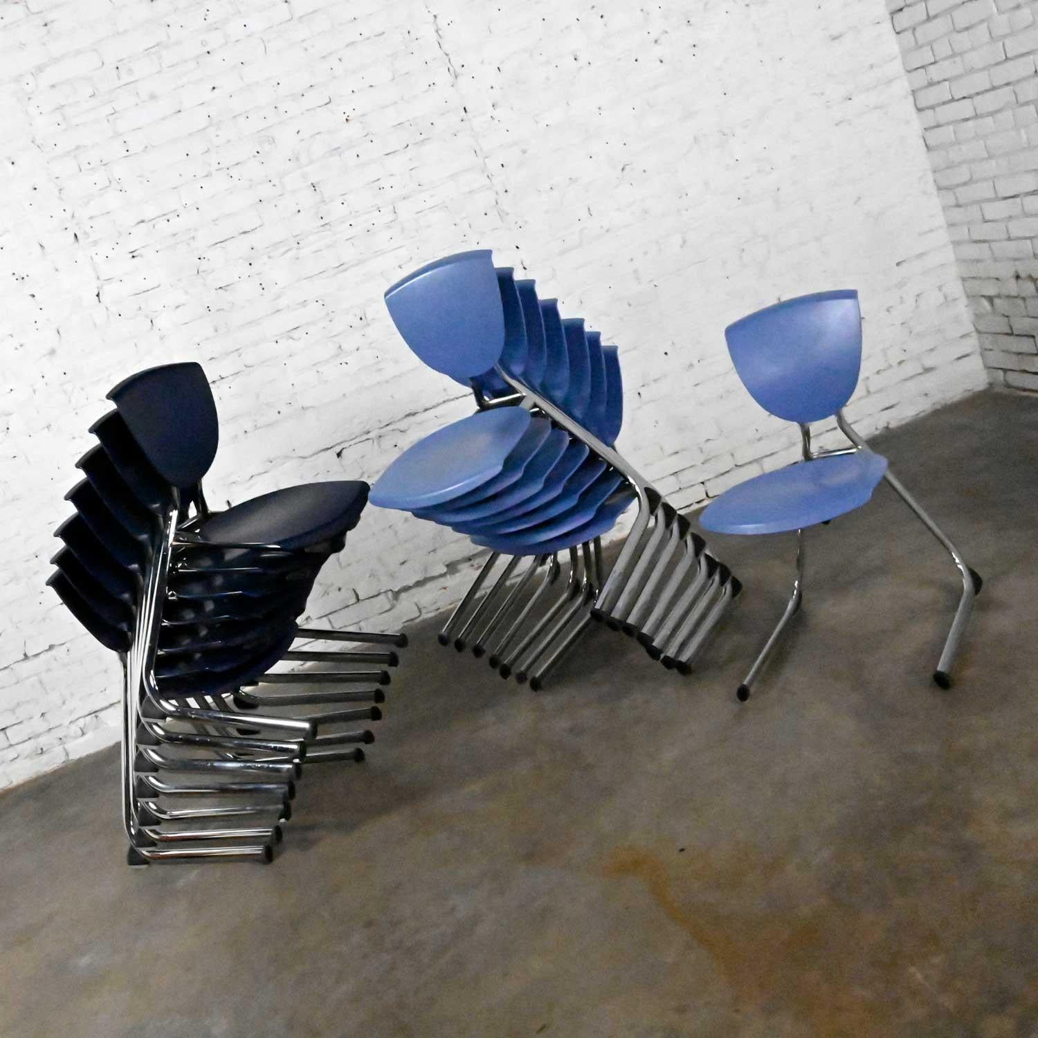 Fantastic vintage modern dark blue plastic & chrome reverse cantilever Intellect dining chairs by Krueger International (a.k.a.) KI Seating 15 total. Beautiful condition, keeping in mind that these are vintage and not new so will have signs of use