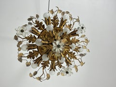 15-Light Gilded Metal And Crystal Ceiling Light Attributed to Maison Baguès