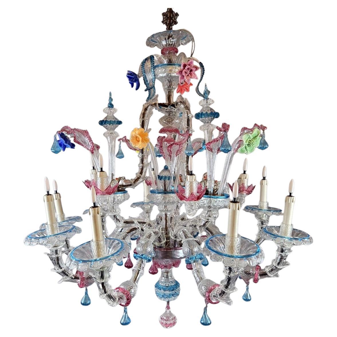 Lustre à 15 lumières en Murano multicolore, Italie, années 1950