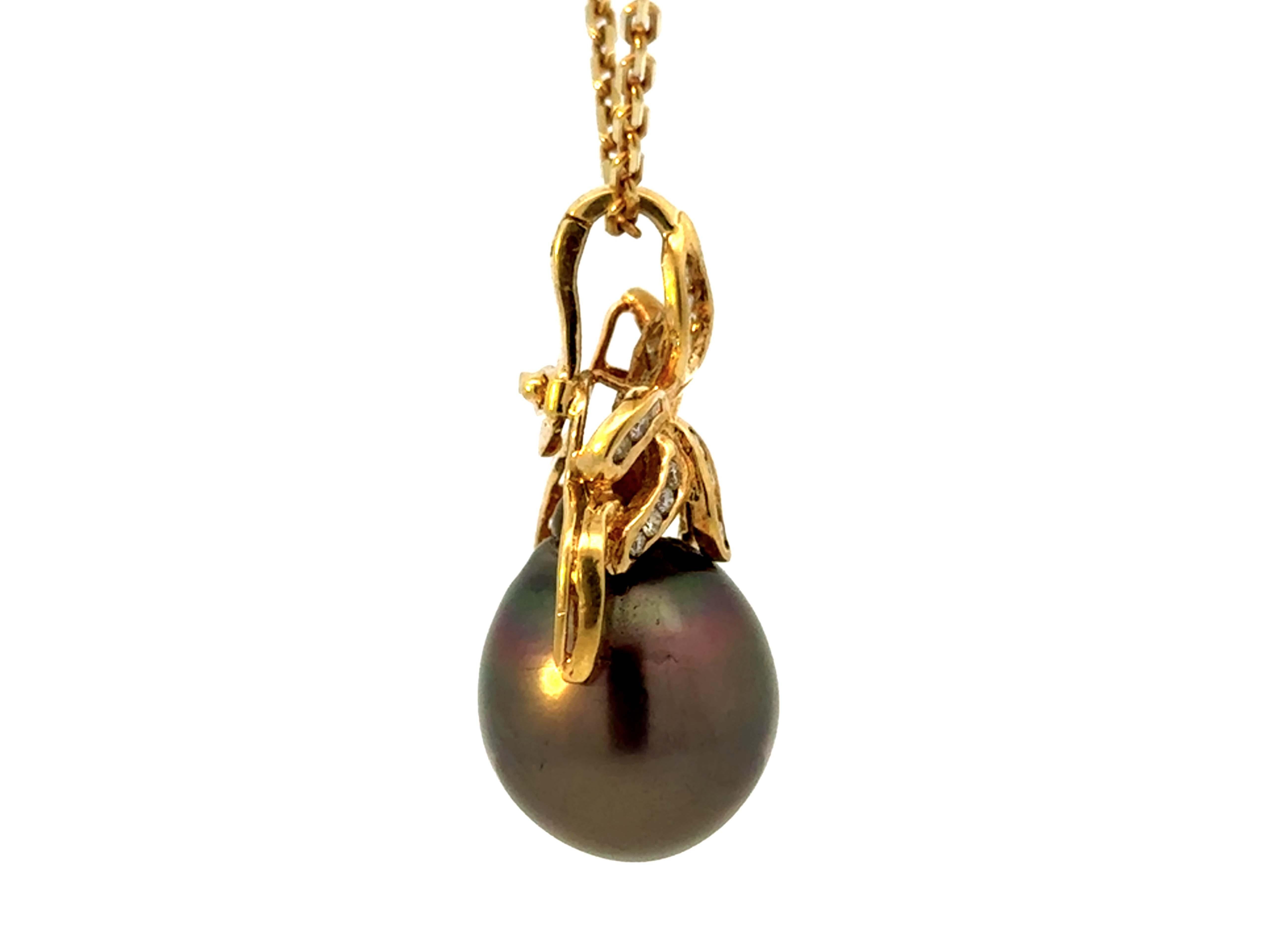15 Mm Pendentif diamant perle noire de Tahiti sur chaîne à maillons Hermès en or jaune 18k Excellent état - En vente à Honolulu, HI