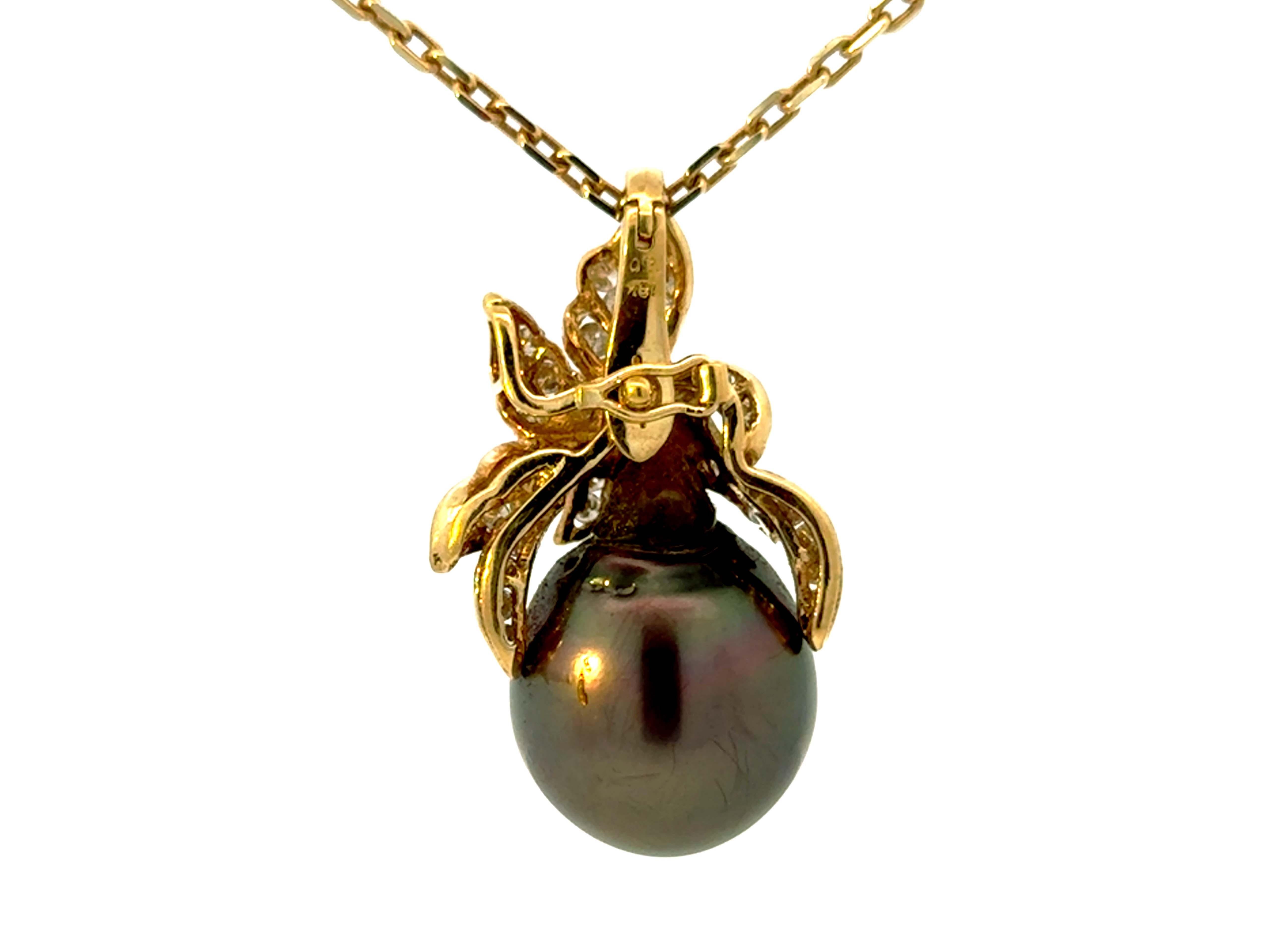 15 Mm Pendentif diamant perle noire de Tahiti sur chaîne à maillons Hermès en or jaune 18k en vente 1