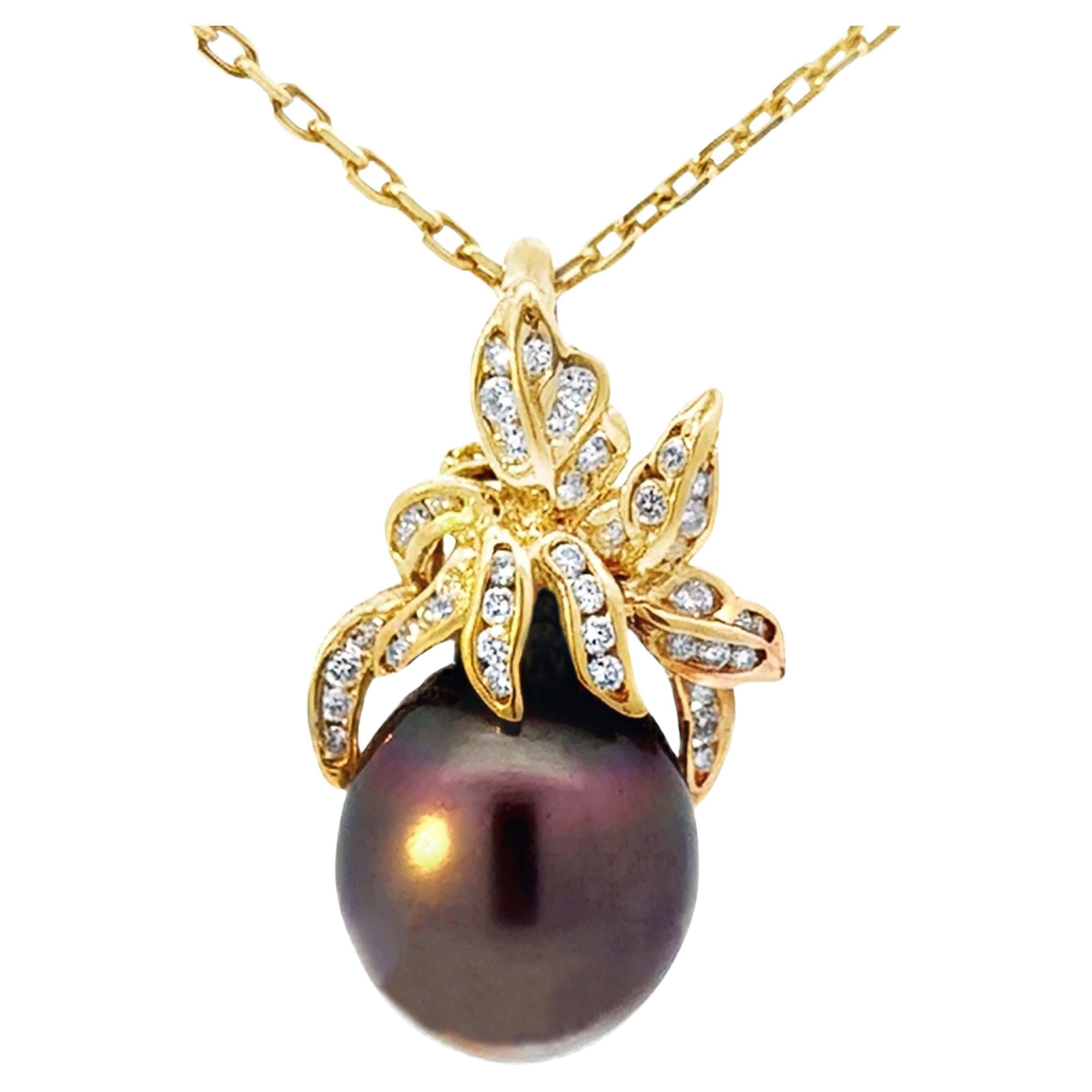 15 Mm Black Tahitian Pearl Diamond Pendant on Hermes Link Chain 18k Yellow Gold